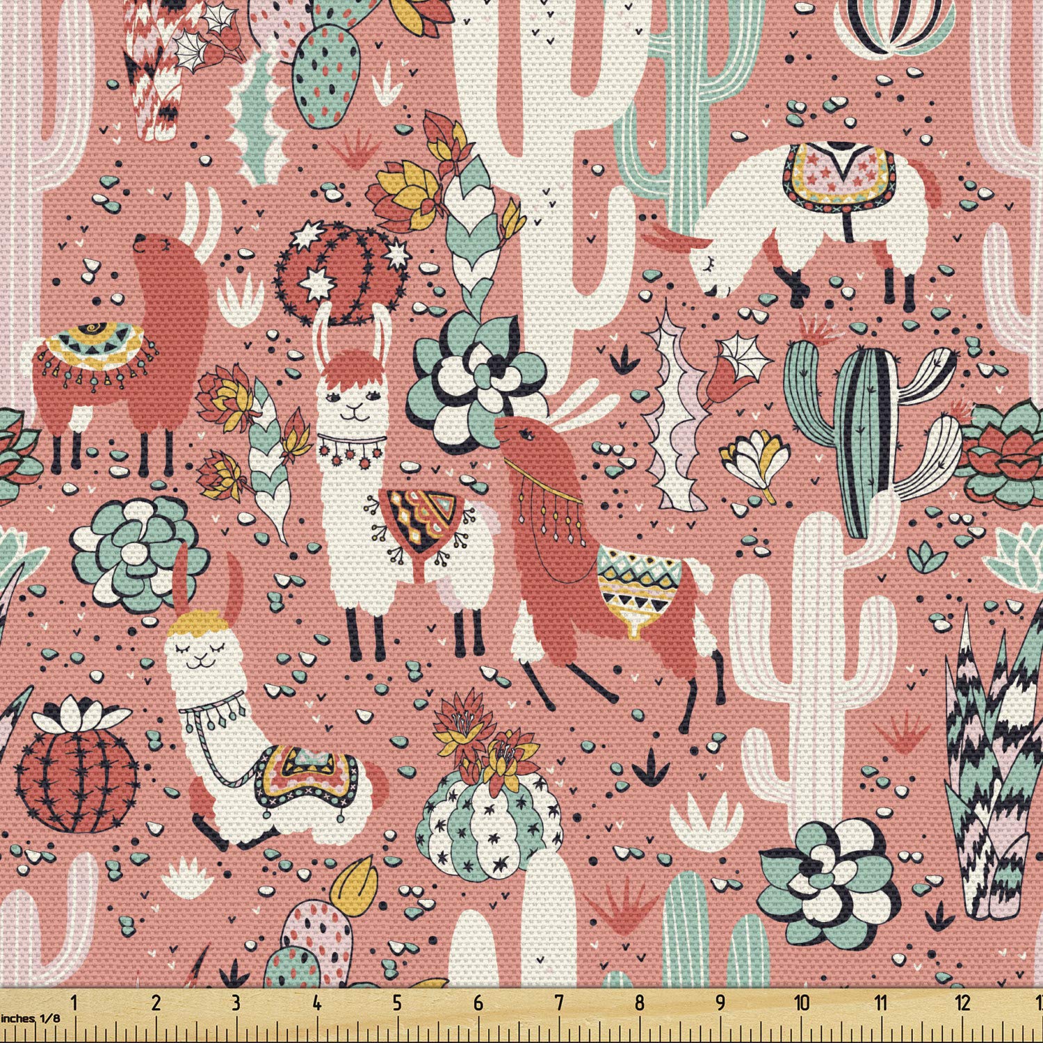 Lunarable Cactus Fabric by The Yard, Cartoon Illustration of Arizona Mexico Desert with Succulent Plants and Llama Alpaca, Decorative Fabric for Upholstery and Home Accents, 1 Yard, Coral Pink