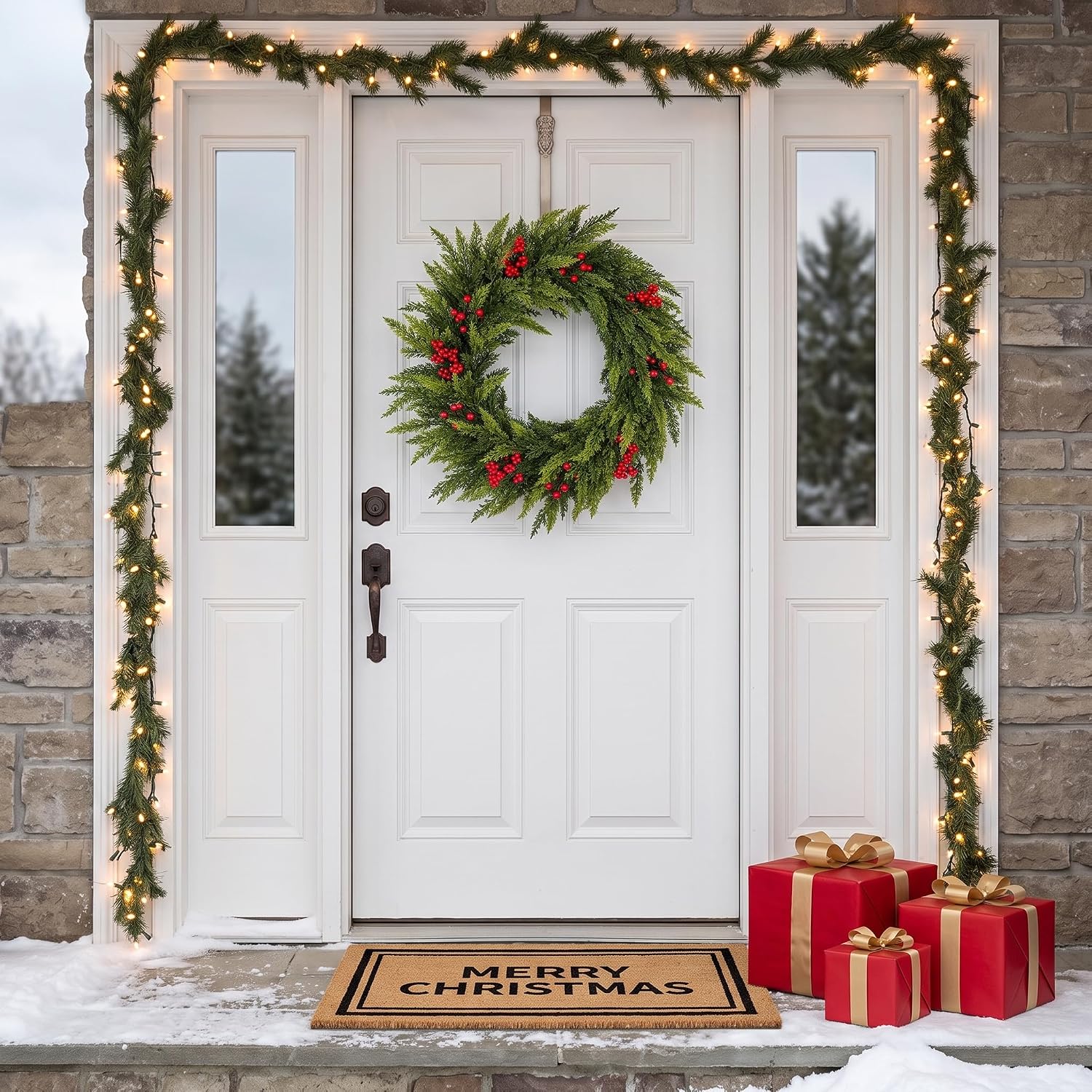 24 Inch Christmas Wreaths for Front Door, Artificial Norfolk Pine Xmas Red Berry Wreath for Home, Holiday, Fireplace, Mantle, Wall, Windows, Outdoor Decoration