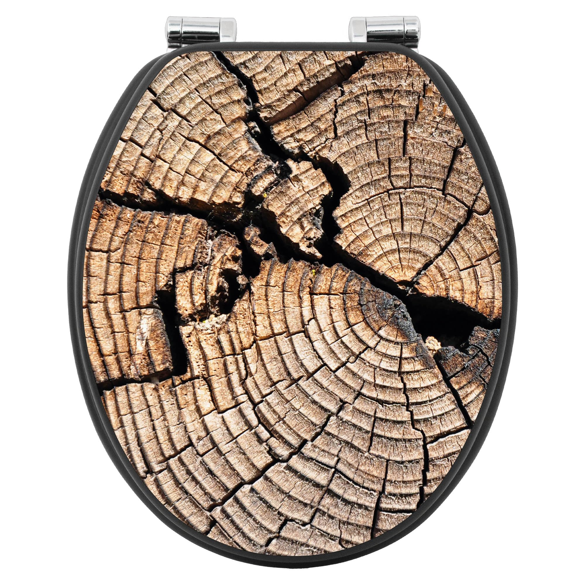 banjado WC Sitz Holzoptik - mit Absenkautomatik Softclose - 38 x 46,5cm O-Form - MDF Holz Toilettendeckel anthrazit - Klositz grau pflegeleicht für Badkomfort Motiv Zeichen Der Zeit