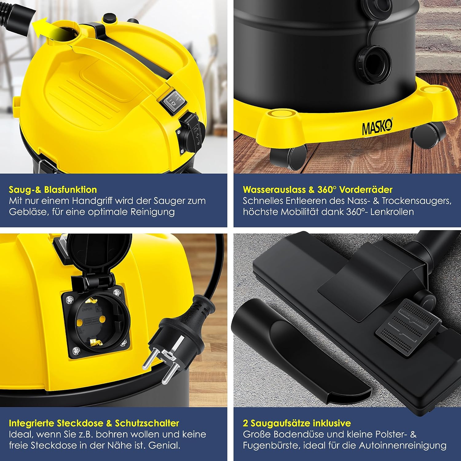 MASKO vacuum cleaner with blow function switch and water drain