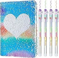 Vista 11 de Outus Juego de diario de lentejuelas para niñas con 4 bolígrafos de tinta de gel de color, diario reversible, cuaderno de lentejuelas con purpurina
