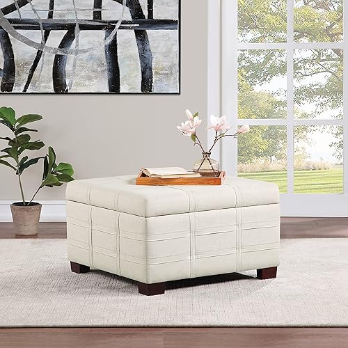 Miniatura 2 de OSP Home Furnishings - Otomana cuadrada de almacenamiento con bandeja deslizante y tapa con bisagras, tela de lino lino tela,Tela Azure,carbón,