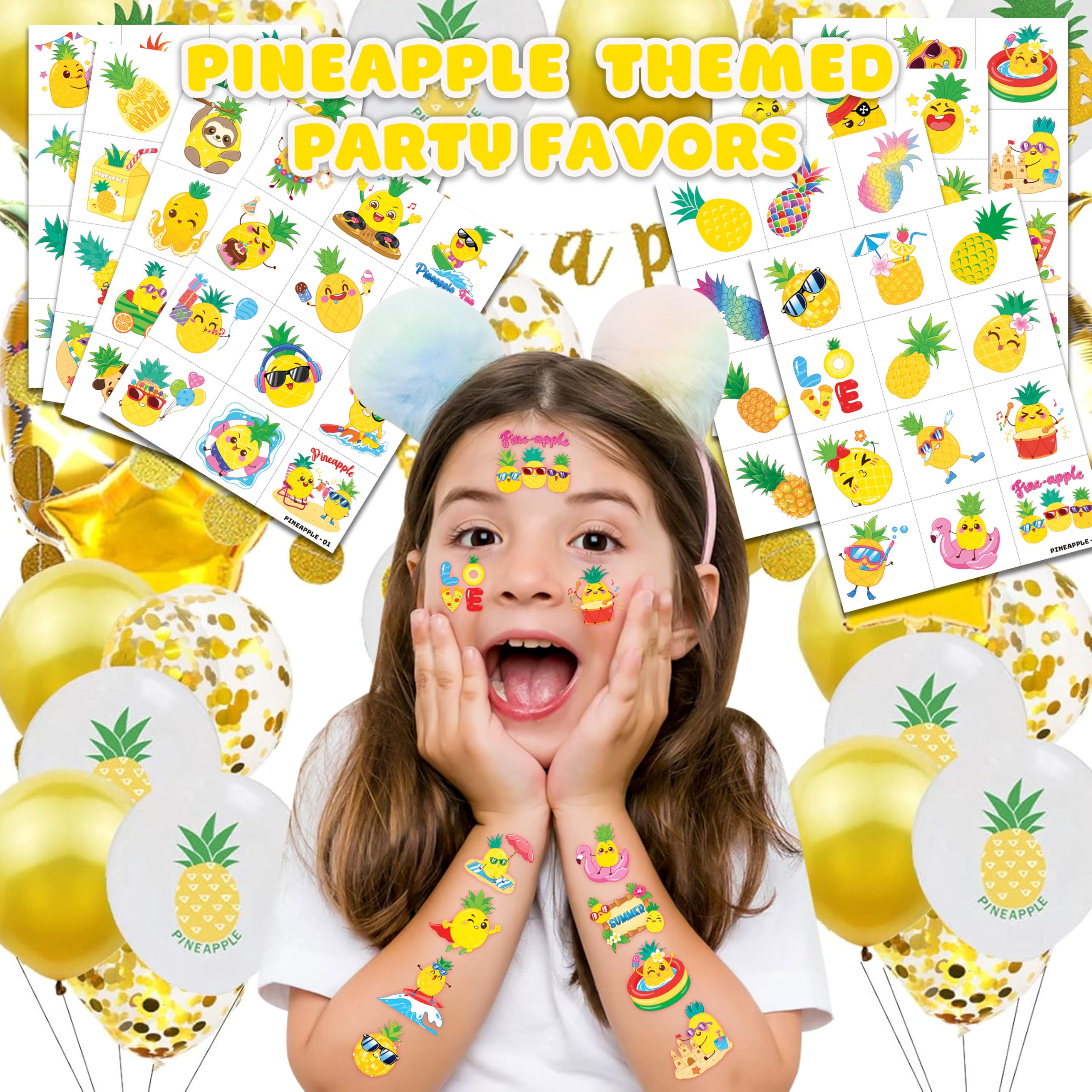 96PCS Pineapple Pre-Cut Temporary Tattoos for Kids | Super Cute Themed Birthday Party Favors, Supplies, Decorations, Cute Funny Fruit Fake Tattoo Stickers, School Rewards Prizes & Gifts For Boys Girls