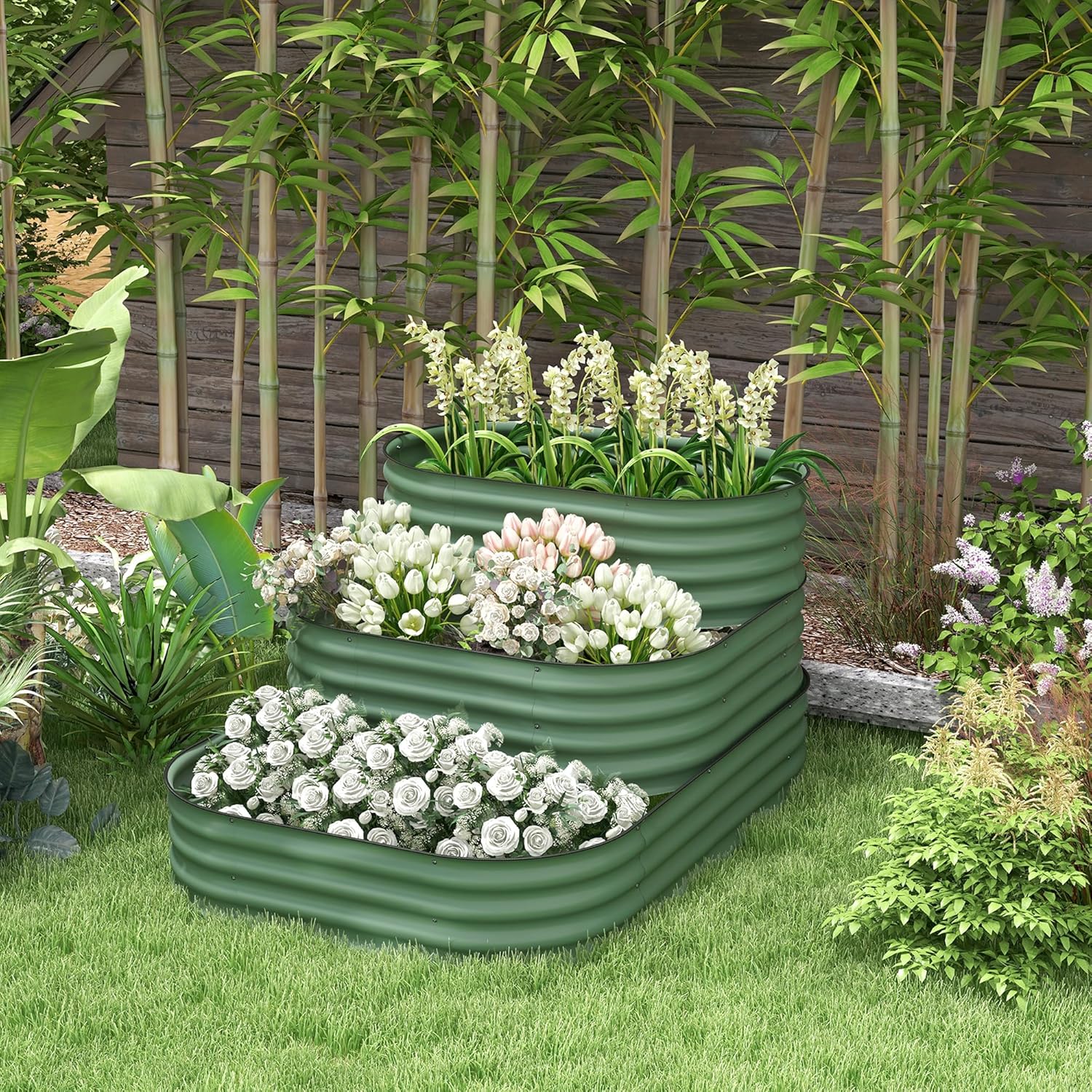3-Tier Raised Garden Bed Kit - Galvanized Steel Planter Boxes for Vegetables, Flowers, Herbs - Open Bottom for Superior Drainage - Outdoor Gardening - Green