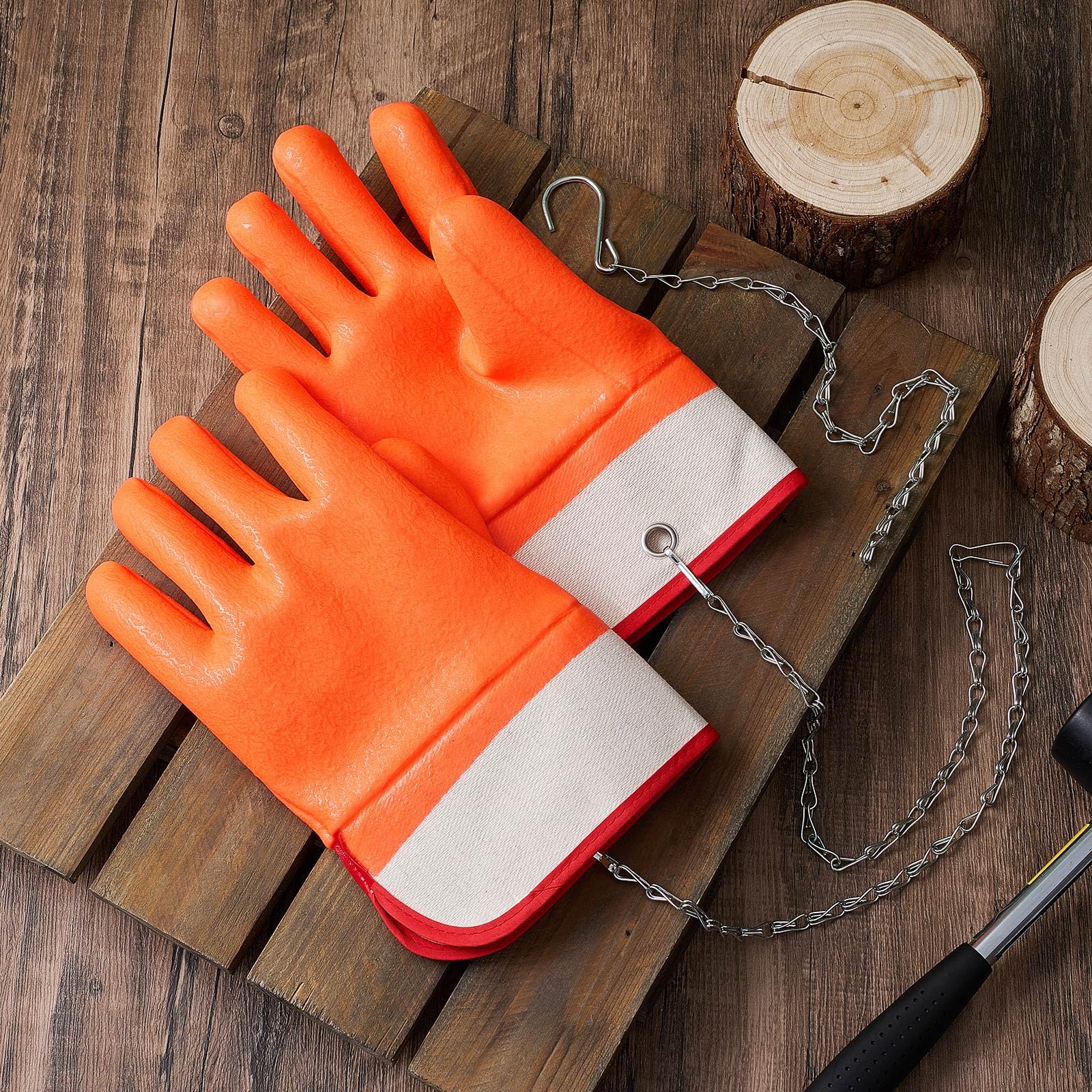 Teenyyou 1 par de guantes de manejo cilíndrico de propano con cadenas, guantes de PVC de doble inmersión, guantes naranjas de alta visibilidad con puño de seguridad, guantes de trabajo impermeables