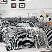 Vista 7 de JELLYMONI - Juego de funda de duvet de algodón tamaño Queen, color gris con rayas, con botón, 100% algodón lavado, juego de ropa de cama