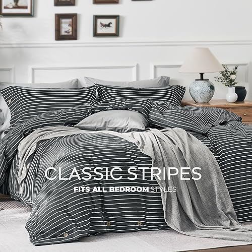 Miniatura 5 de JELLYMONI Funda de edredón de algodón tamaño matrimonial, funda de edredón gris a rayas con botón, 100% algodón lavado, 3 piezas, transpirable,