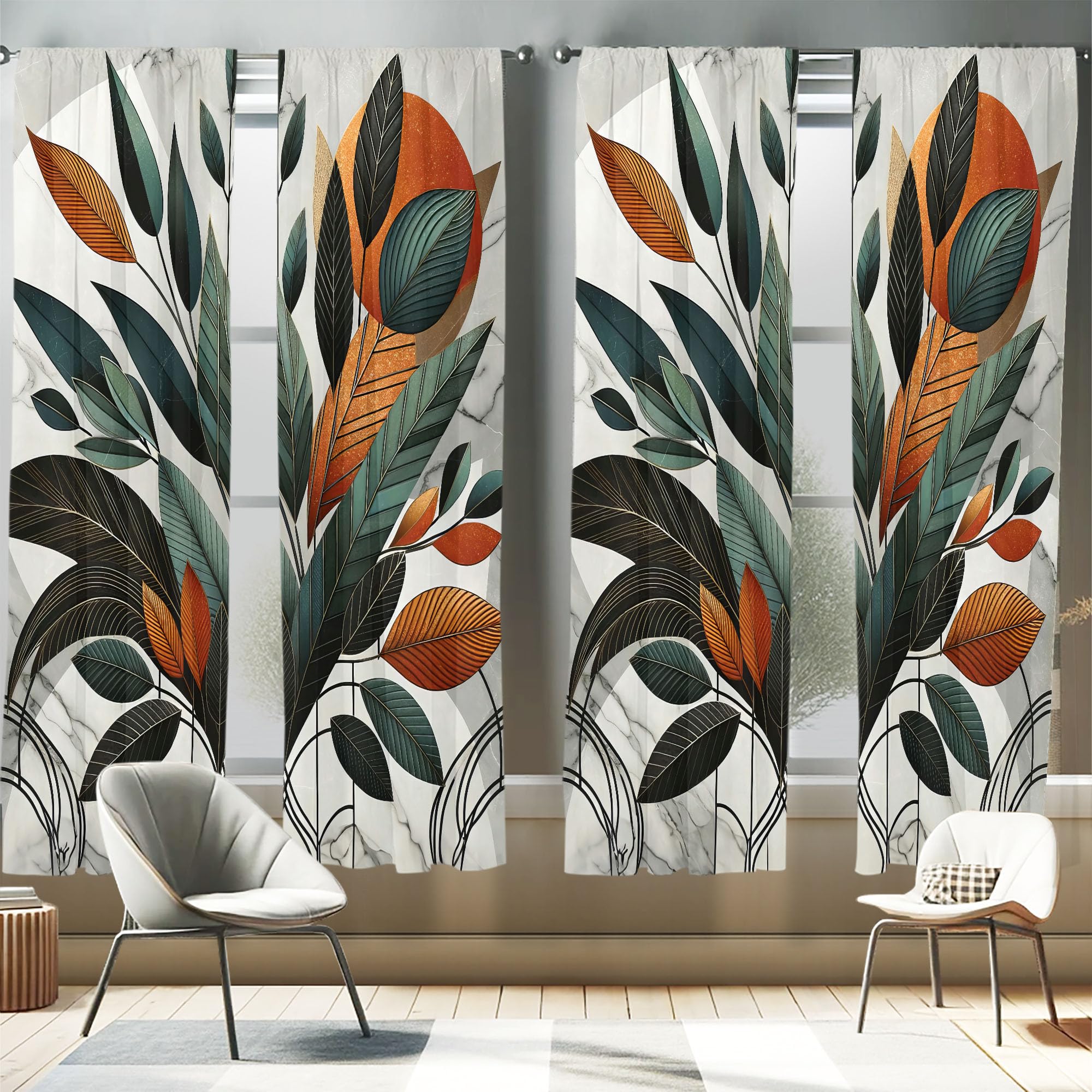 Ambesonne Boho Window Curtains Pack of 2, Mid Century Modern Exotics Leaves and Roundy Line Details Art Minimalist, Lightweight Set & Rod Pocket, 4