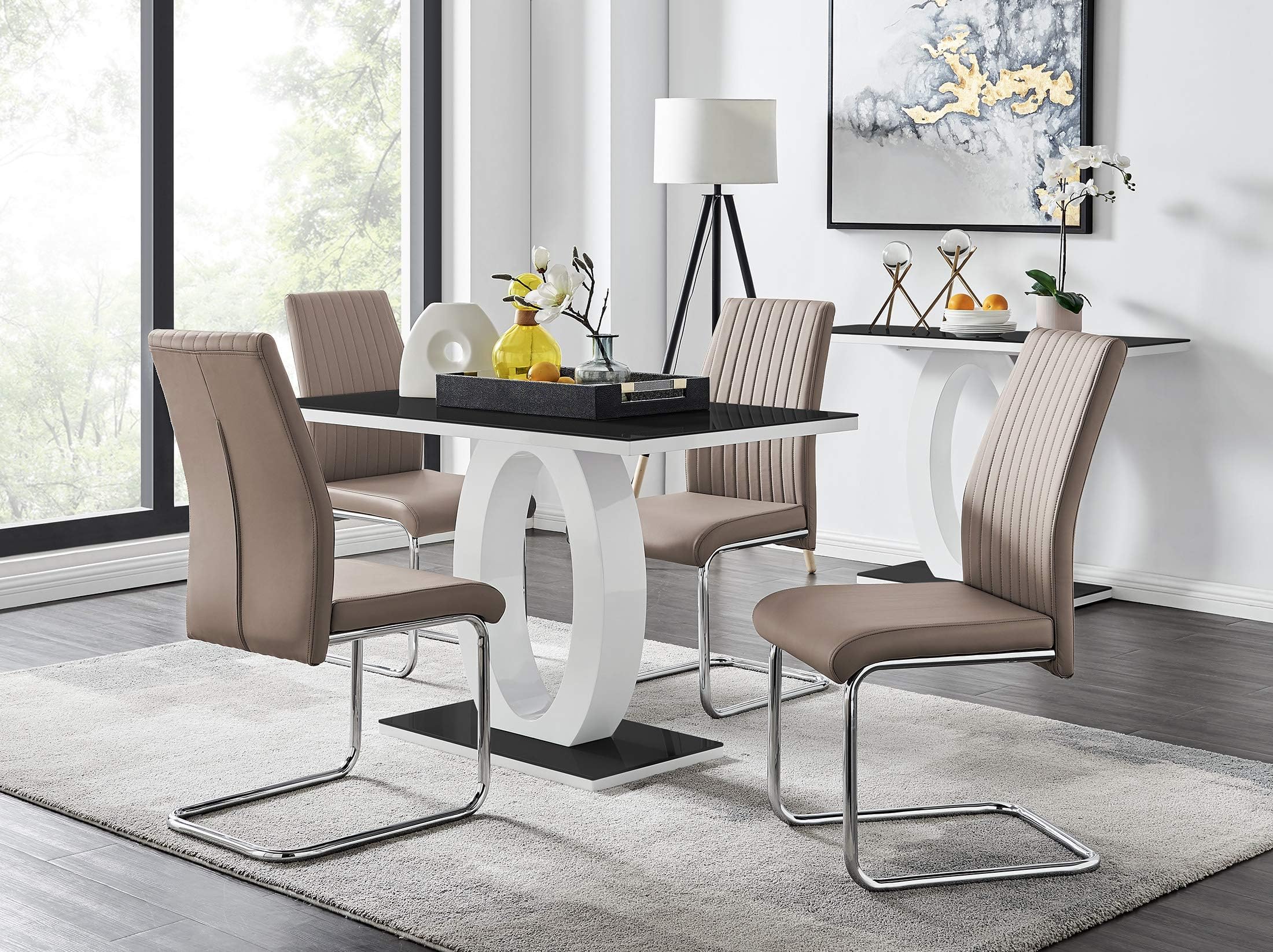 Furniturebox UK - Giovani Black/White High Gloss Glass Dining Table Set and 4 Chairs Seats (4 Grey Cappuccino Chairs)