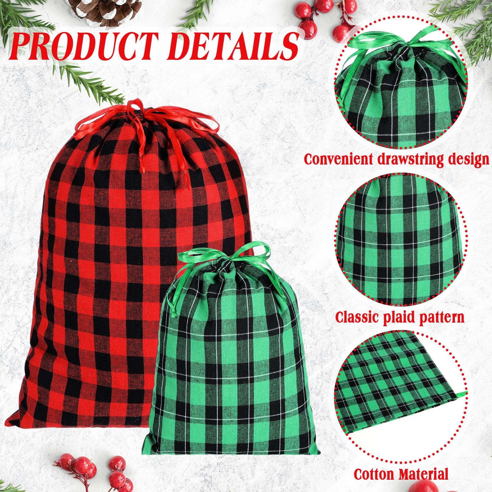 SATINIOR Lot de 12 sacs cadeaux de Noël en tissu à carreaux en coton avec cordon de serrage, 50,8 x 40,6 cm, 40,6 x 30,5 cm, 30,5 x 25,4 cm, rouge et vert