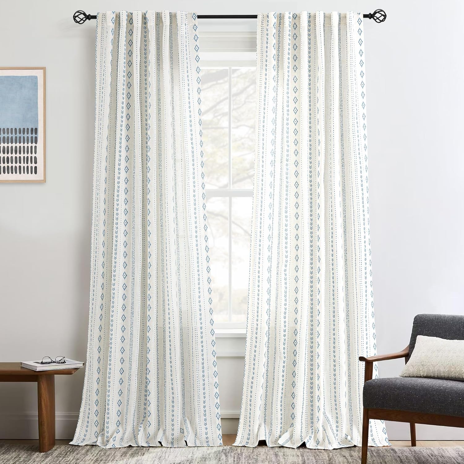 Natural Linen Boho Curtains for Living Room Light Filtering Blue Stripe Geometric Pattern Semi Sheer Curtains 96 inch Long Western Bohomian Drapes Cream Rustic Farmhouse Home Decor Back Tab 2 Panels Blue Boho Pattern 52"W x 96"L (Pack of 2)