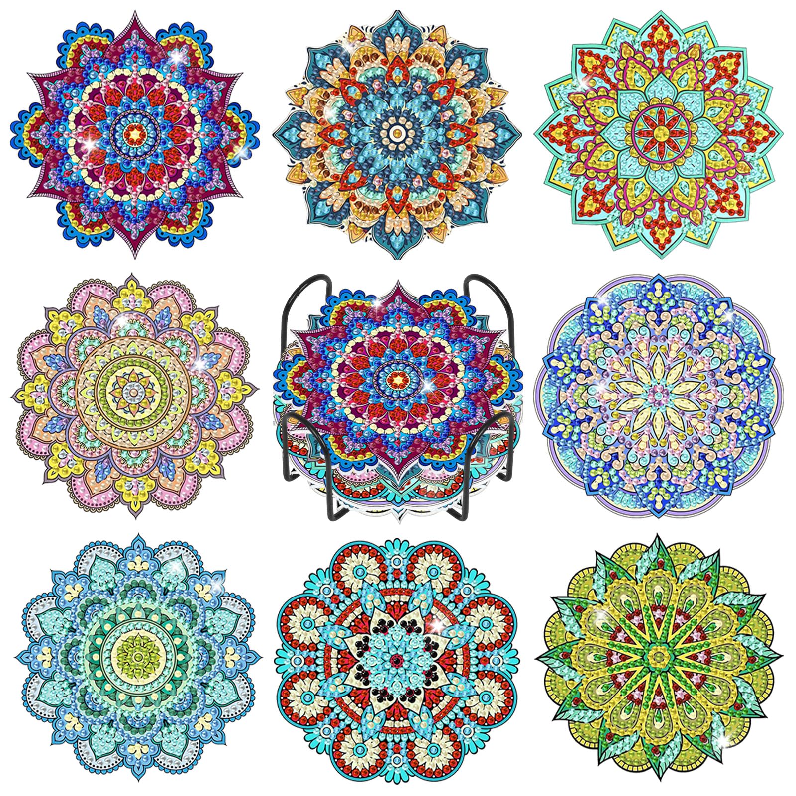 GEEHEIY 8 Pcs Mandala Diamond Art Coasters Kit with Holder, DIY 5D Diamond Painting Coasters for Adults, Colourful Mandala Gem Art Craft Kit with Cork Backing for Home Decor, Housewarming Gift