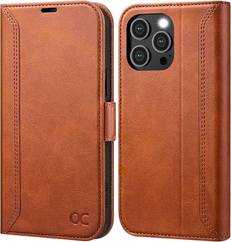 OCASE Retro Series - Funda tipo cartera compatible con iPhone 14 Pro con tarjetero bloqueo RFID carcasa interior de poliuretano termoplástico