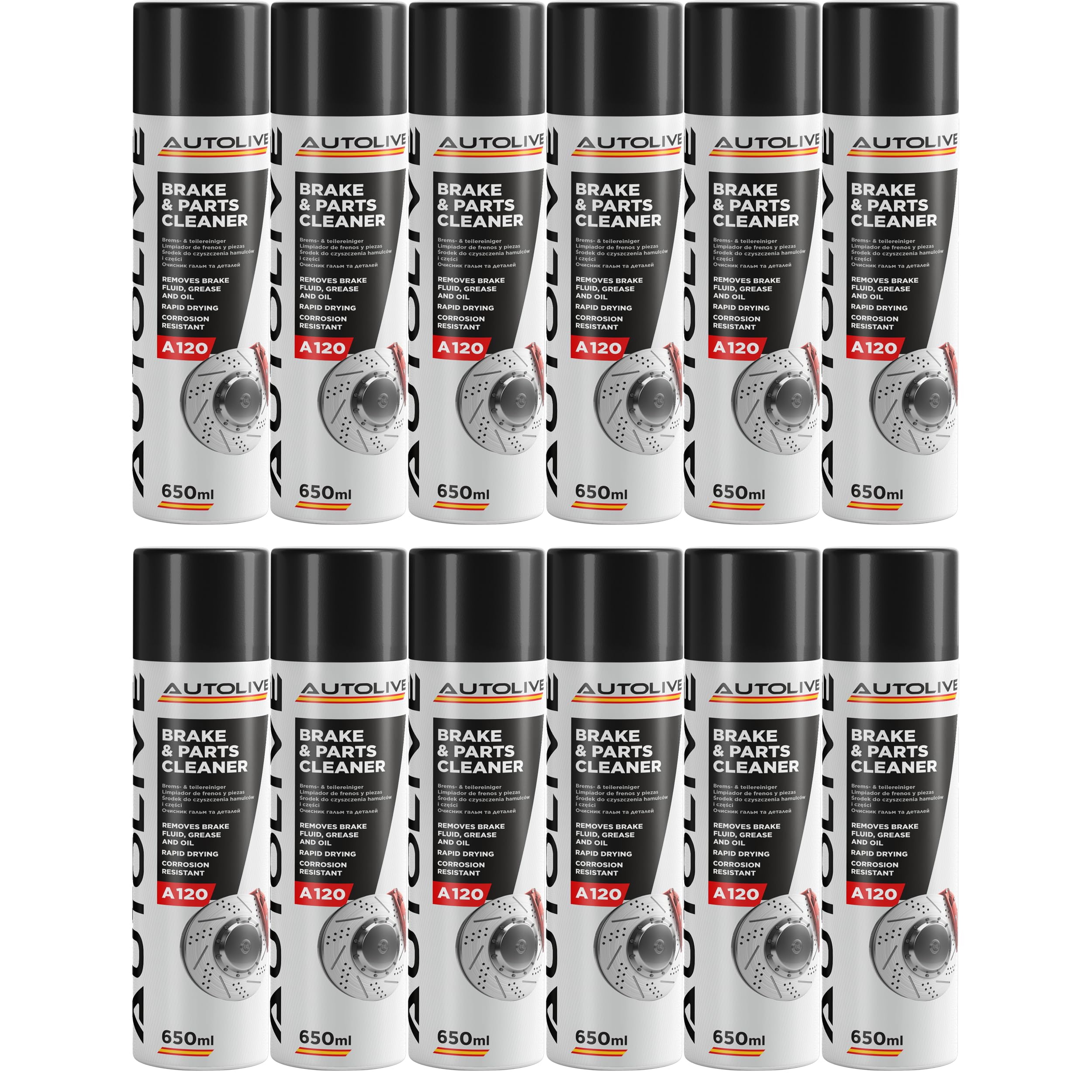 Limpiador de Frenos y Embrague Pack de 12 - Brake & Parts Cleaner - Ayuda a Eliminar Aceites, Grasas, Alquitrán, Resina y Pegamento - No Daña Articulaciones ni Juntas 650 ml