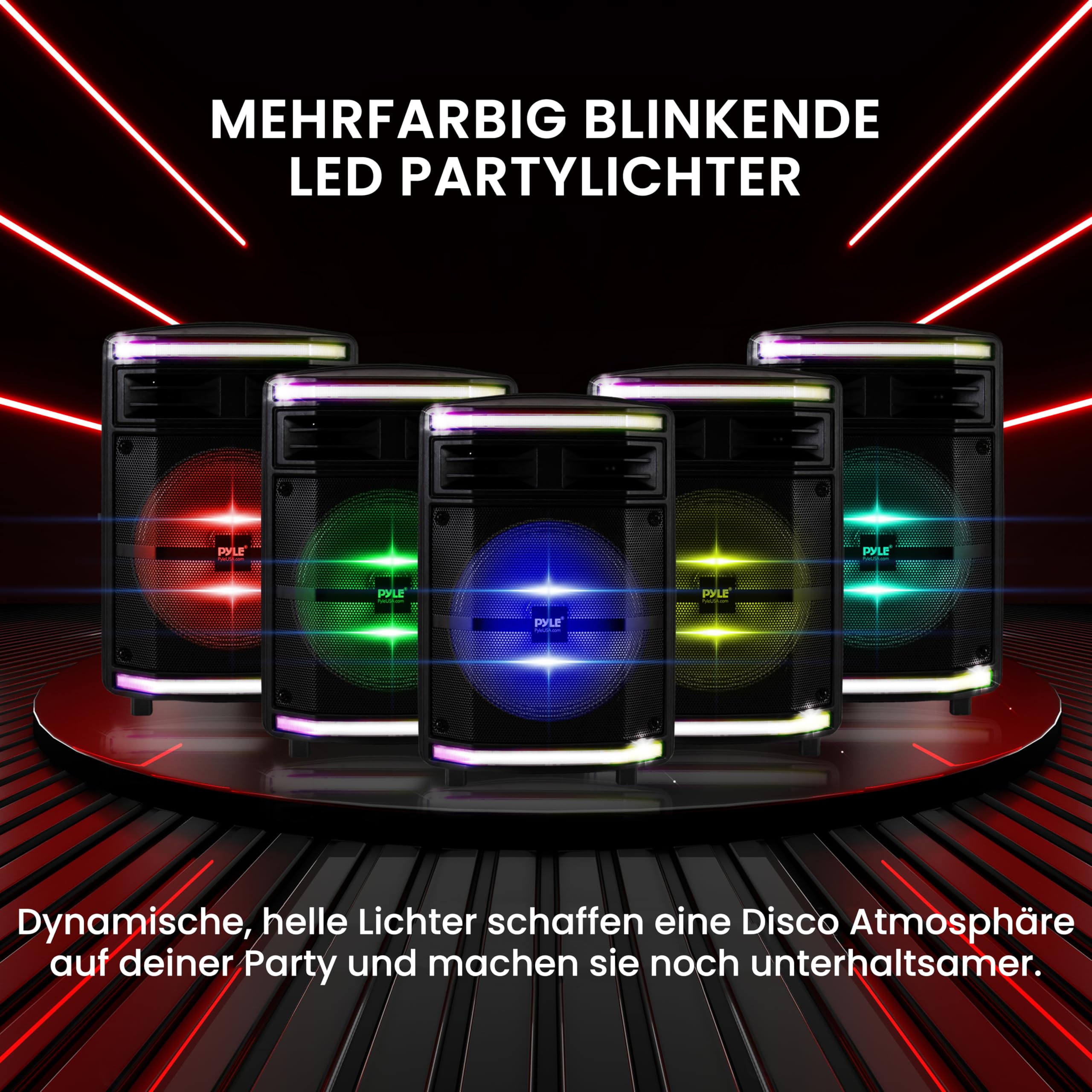 Pyle Partybox, 600W Bluetooth Lautsprecher Groß, Tragbare Musikbox mit Griff & Rollen, 10" Subwoofer & Akku, Karaoke Box mit LED Lichtern, USB/SD/MP3, für Party, Outdoor, Events & DJ