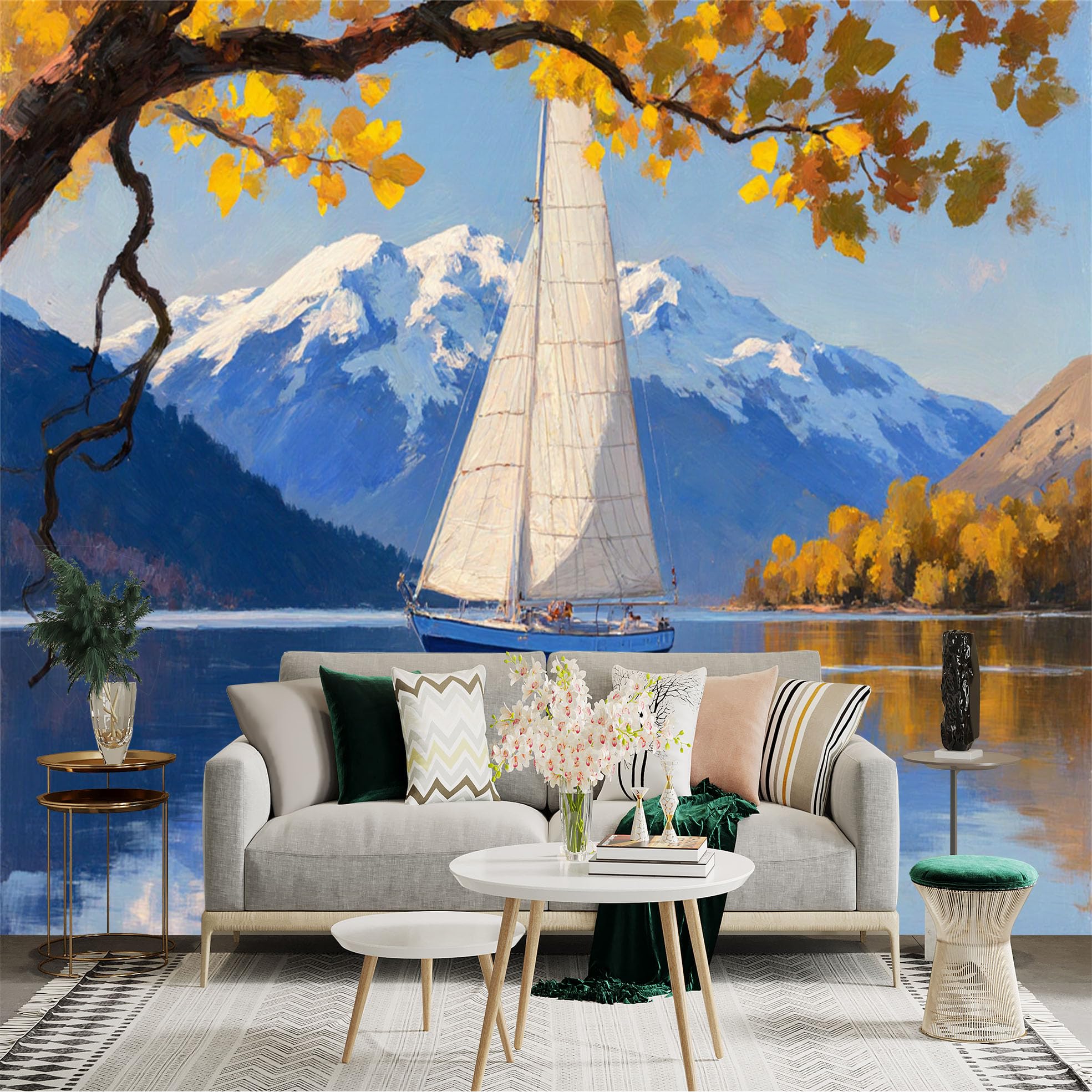 Custom Size Wall Sticker Mural， Sailboat on Calm Lake， Golden Autumn Trees， Snowy Mountain Peaks， Oil Painting Style， for wall Decoration， peelandstick wall Decals.