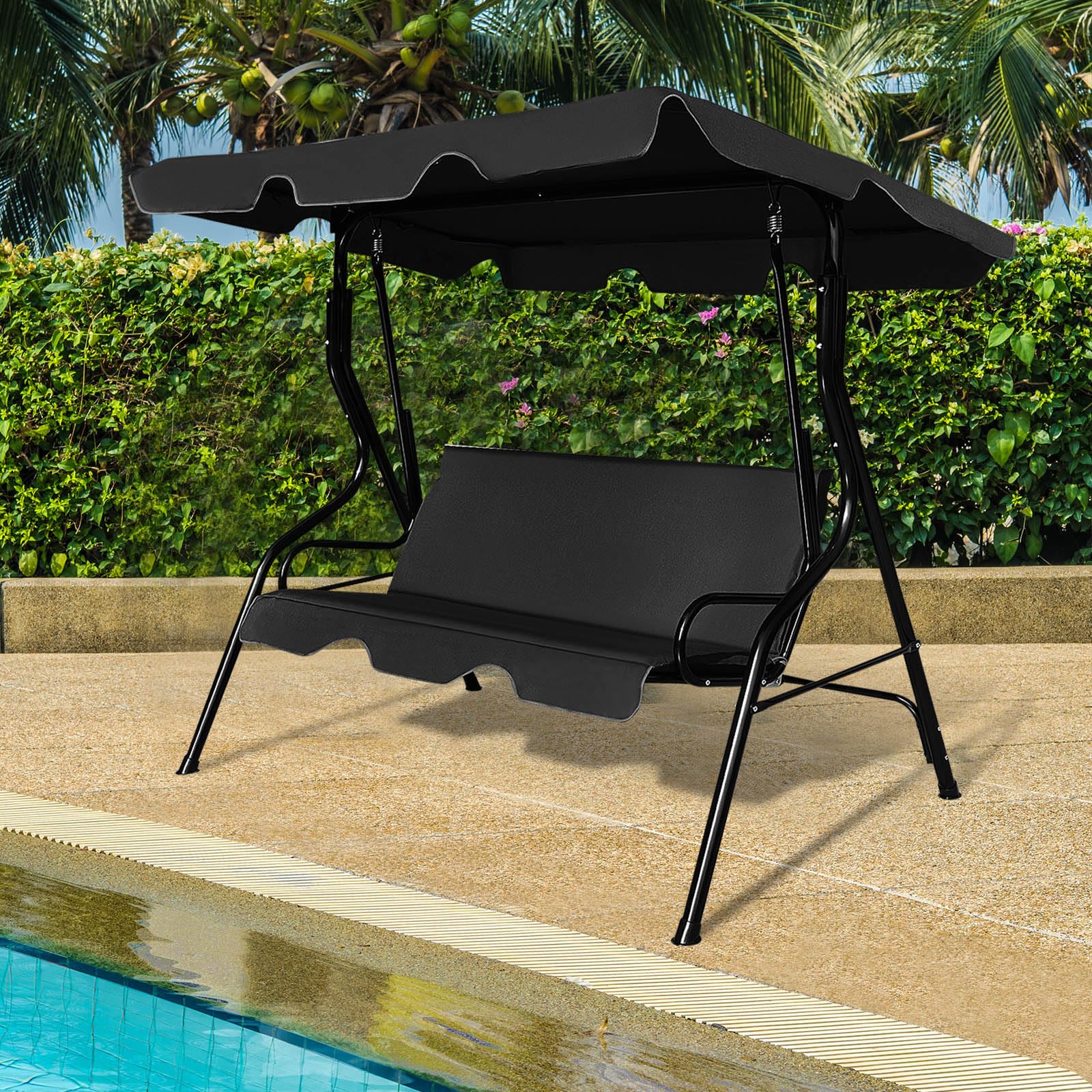 COSTWAY 3-Sitzer Hollywoodschaukel, Gartenschaukel mit verstellbarem Dach, Schaukelbank für Garten, Terrasse & Hinterhof, 172 x 110 x 154 cm (Schwarz)