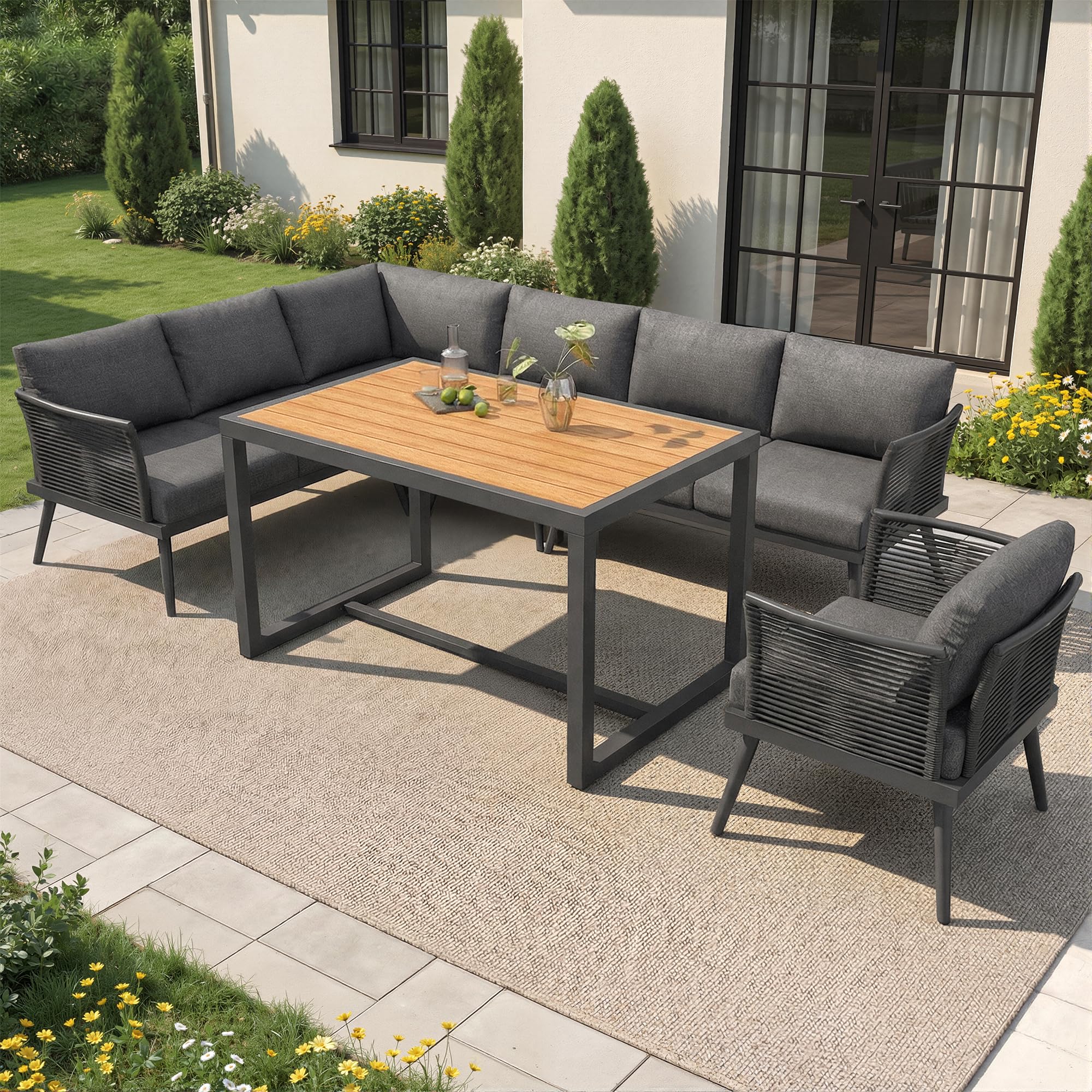 Set di mobili da giardino per 7 persone, fune, grande tavolo con venature del legno, con struttura in ferro zincato, gambe regolabili, tutti i cuscini per seduta e schienale inclusi (grigio)