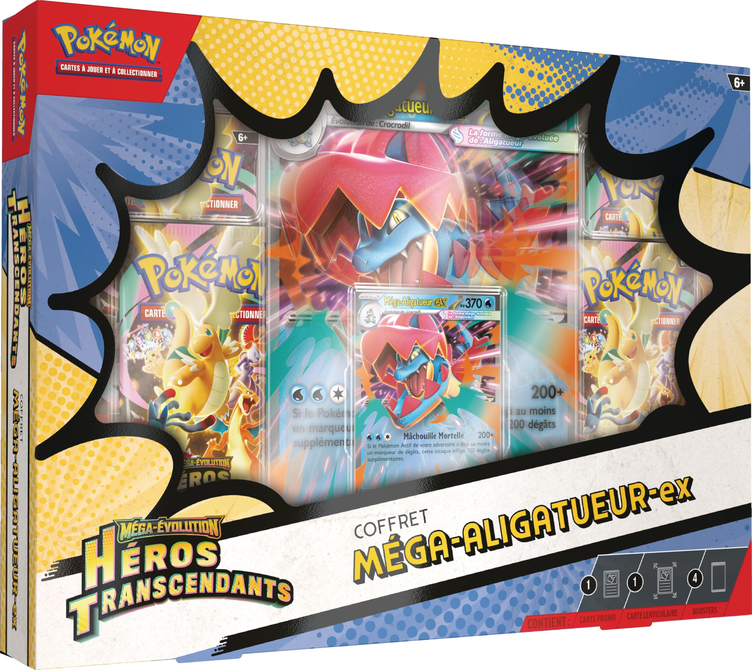 Pokémon : Coffret Méga-Évolution – Héros Transcendants – Méga-Aligatueur-ex (1 Carte Promo Brillante, 1 Carte Grand Format lenticulaire et 4 boosters)
