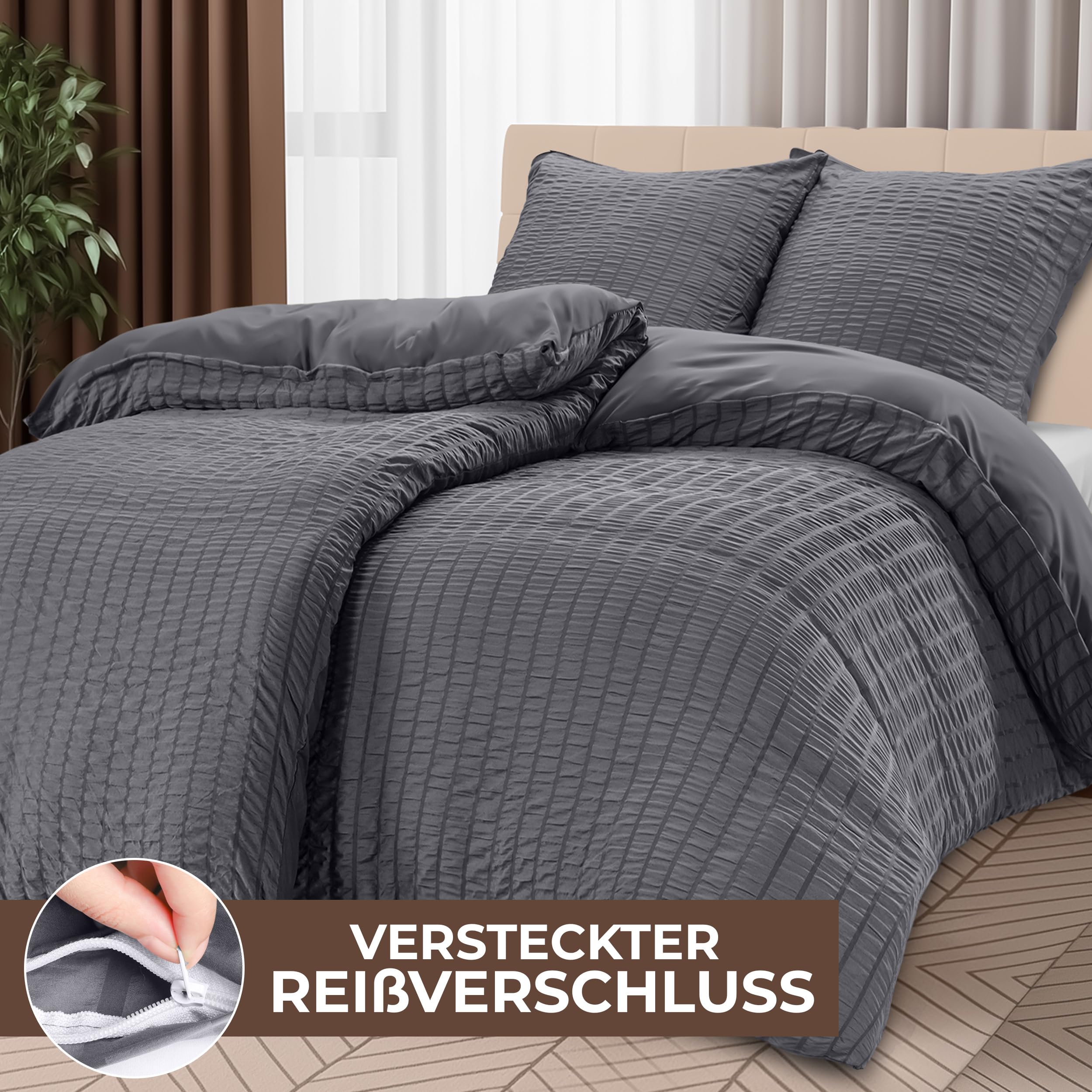Utopia Bedding Seersucker Bettwäsche 135x200 4teilig - Mikrofaser Polyester 2 Bettbezug 135x200 cm + 2 Kissenbezug 80x80 cm – Grau