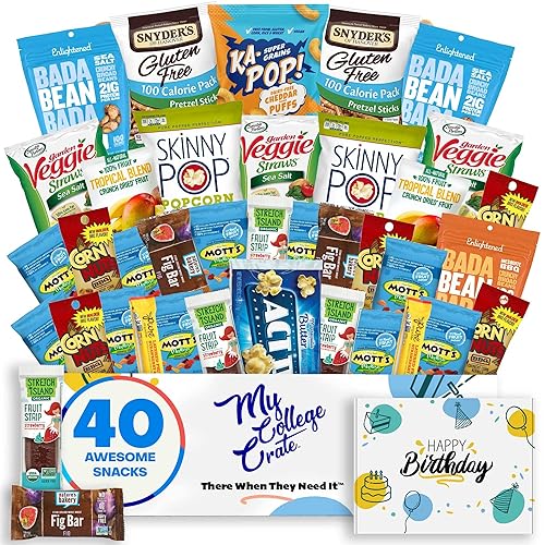Caja de aperitivos para cumpleaños universitarios (40 variedades sin gluten, sin lácteos, paquete de cuidado de cesta de regalo vegana) palomitas de