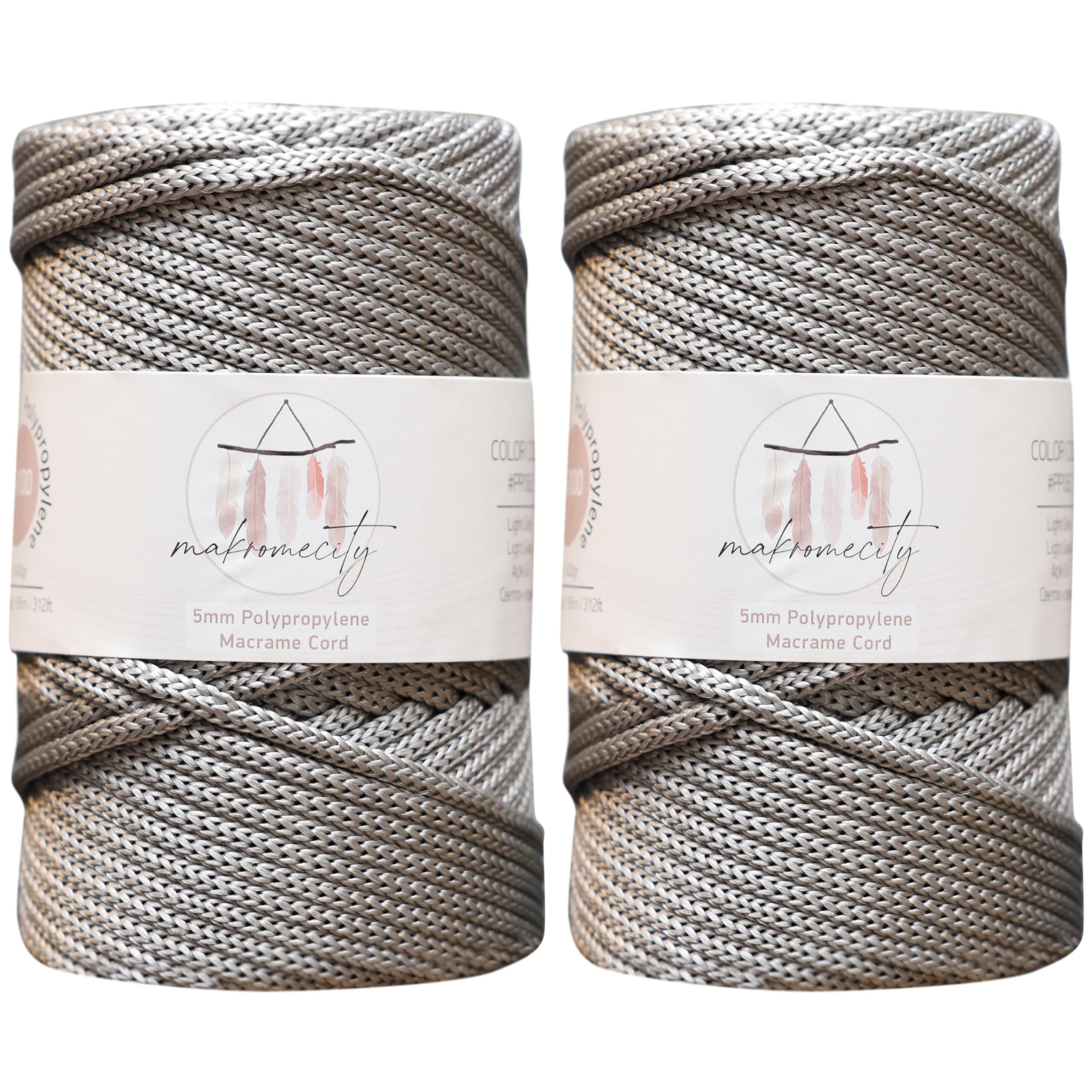 Makromecity, 2 écheveaux de cordon en polyester pour macramé de 5 mm x 95,1 m (309 pieds) - Cordon en polypropylène gris clair de 5 mm pour sacs en macramé, crochet, travaux manuels pour suspensions