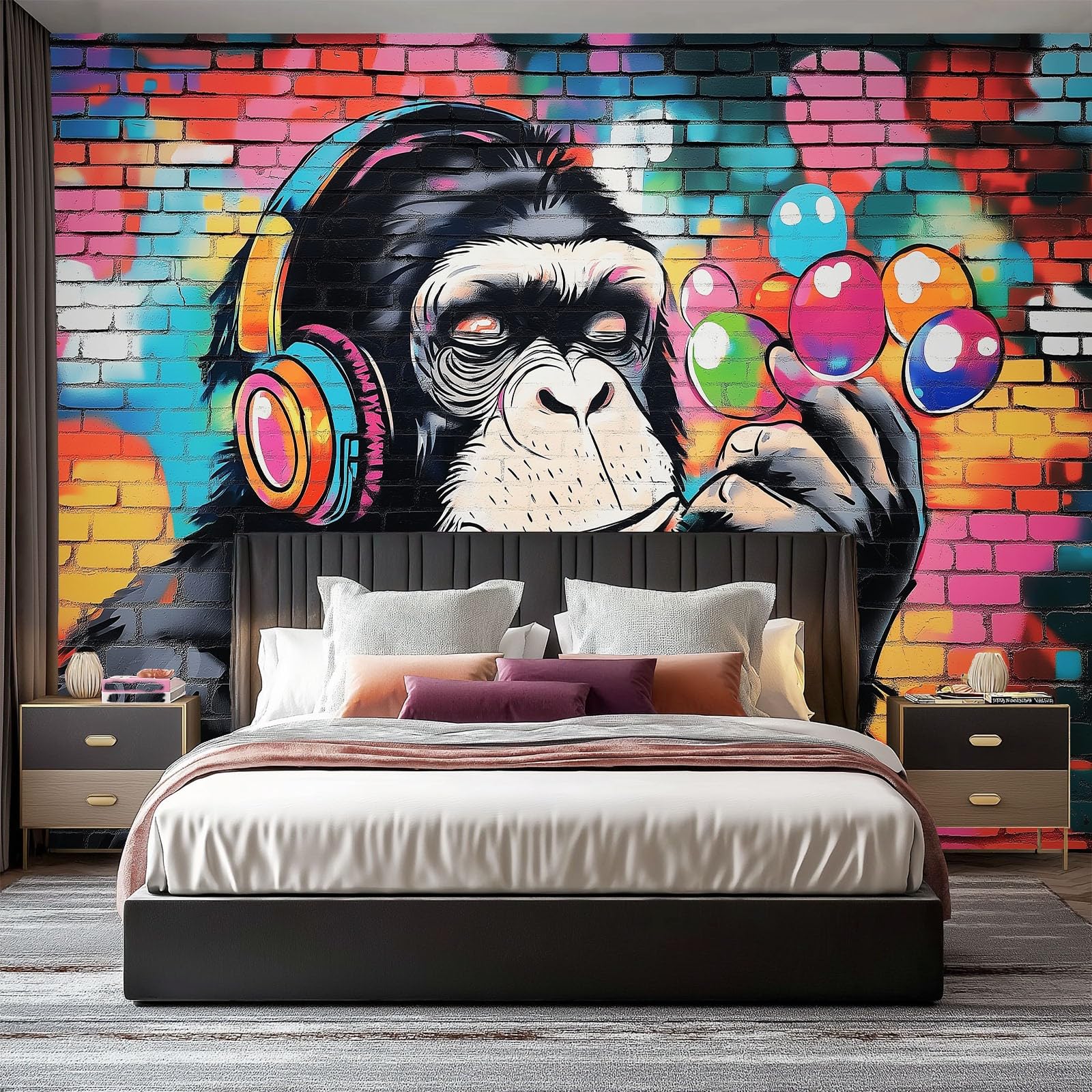 Papel pintado no tejido 350 x 256 cm, Grafiti De Dibujos Animados De Chimpancé Póster de pared gigante para decoración de habitación infantil, niño, niña y adolescente Vistoso