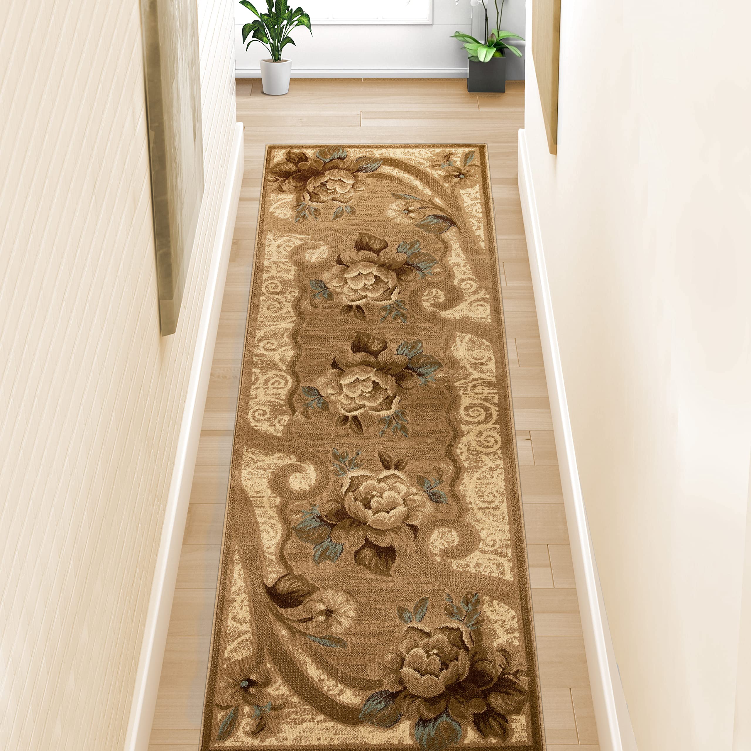 SUPERIOR Indoor 2' 7" x 8' Runner Rug with Jute Backing, Modern Home Decor for Hallway, Living Room, Entryway, Bedroom - Floor Cover On Tile & Carpet, Traditional Oversized Floral Border, Taupe