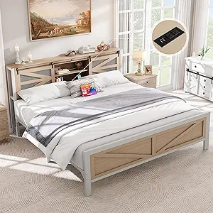 YITAHOME Farmhouse King Size Bed Frame with Headboard, Bookcase Storage Shelves, Sliding Grid Barn Door, Charging Station, Rustic Wood Platform Bed, No Box Spring Needed, Oak