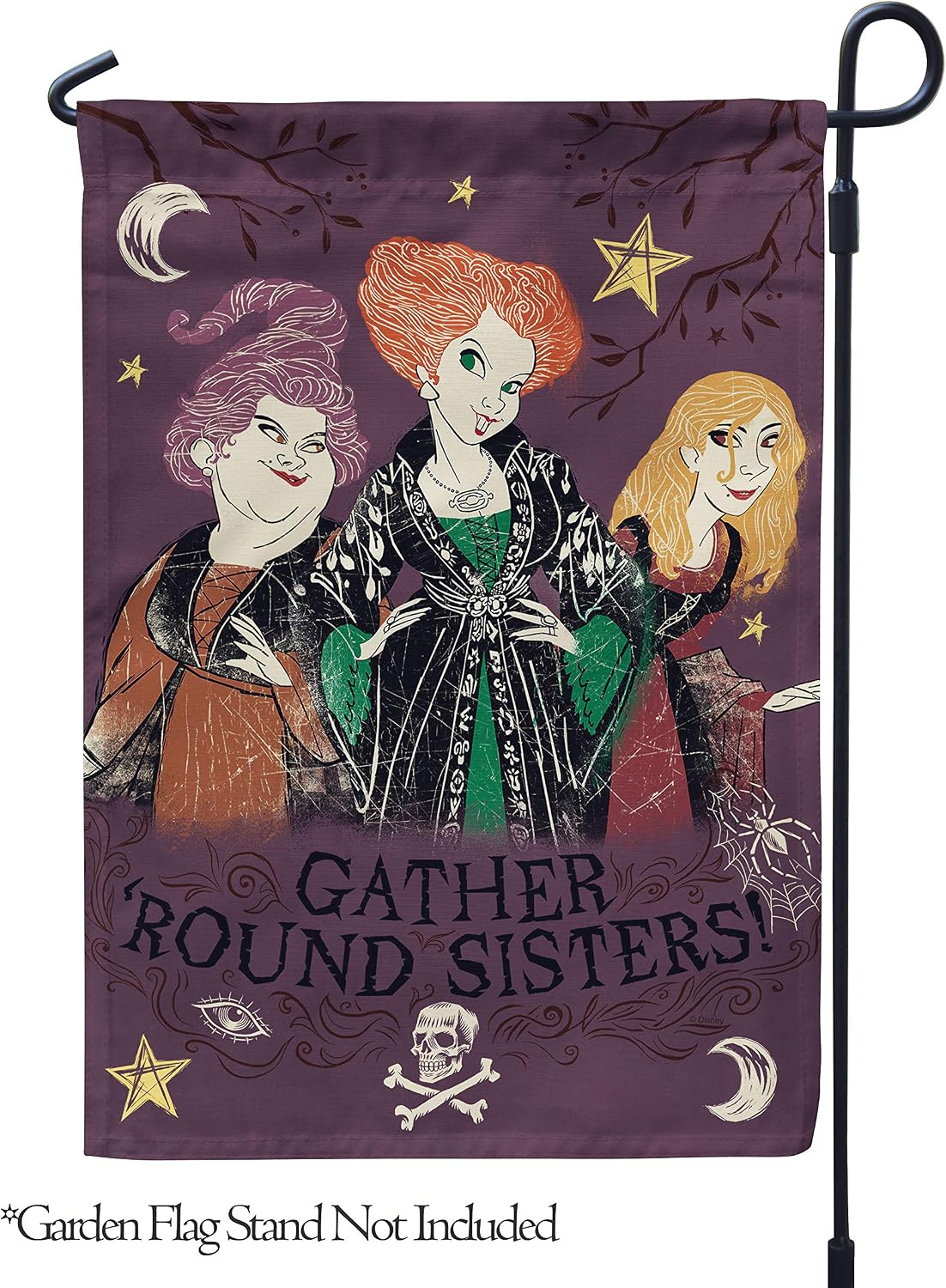 Flagology, Disney Hocus Pocus Gather Round Sisters – Garden Flag 12" x 18", Exclusive Fabric, Officially Licensed Disney, Halloween