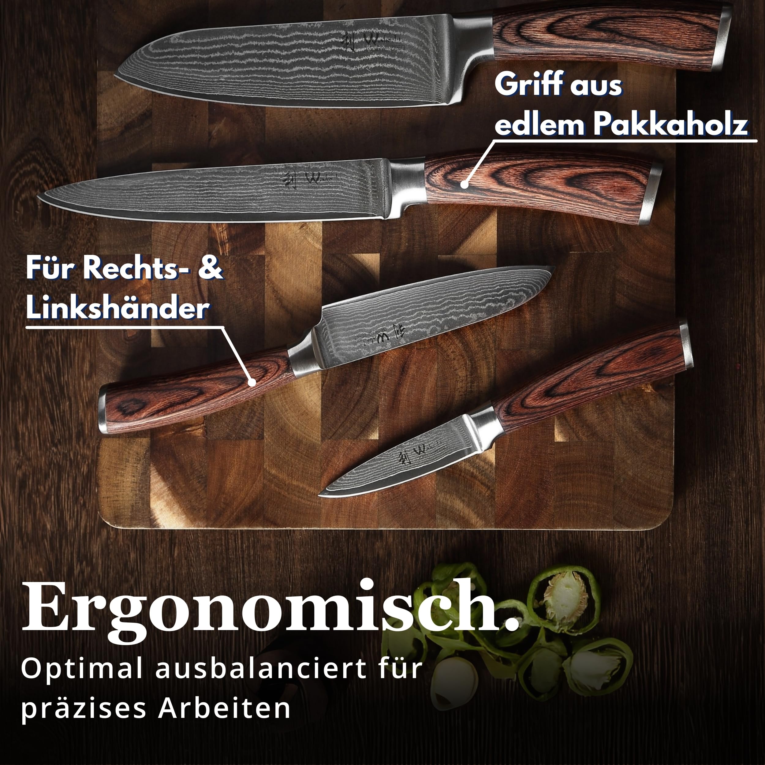 Wakoli EDIB 4-teiliges Küchenmesser Set aus Damaststahl (VG10 Kern) in edler Geschenkbox – Scharfes Damastmesser Set mit Pakkaholzgriffen – Messerset mit 2x Santoku, Fleischmesser & Officemesser