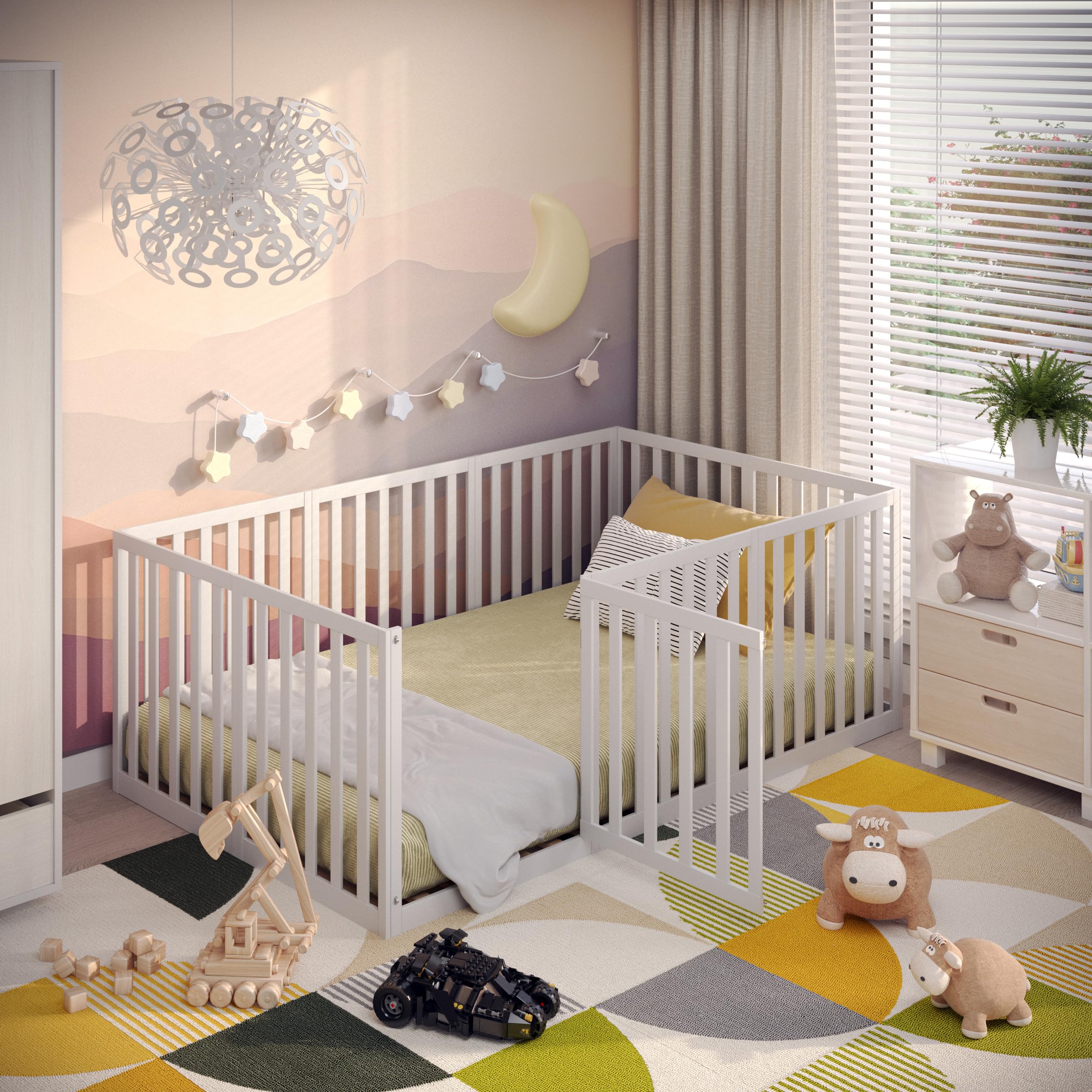 CADANI Teso Kinderbett 120x200 cm – Bodenbett & Laufgitter, geprüft nach EN 12227, Montessori Bett mit Tür & Rausfallschutz, 6 Varianten, Massivholz Kiefer, inkl. Lattenrost