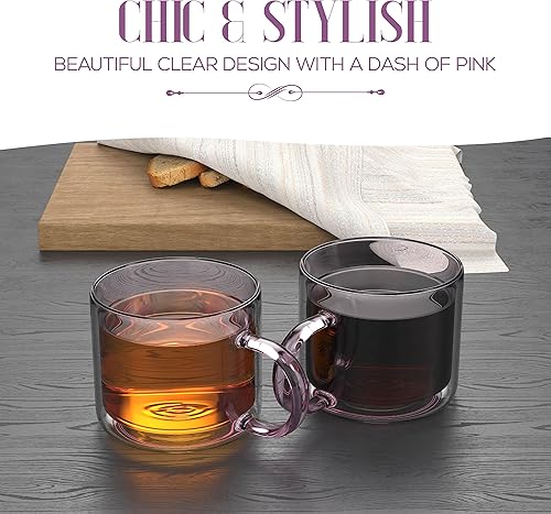 Miniatura 4 de elle decor Tazas de café de doble pared, juego de 2, bonitas tazas de café, té y vidrio de leche con asa, taza de espresso aislada, 10 onzas, juego