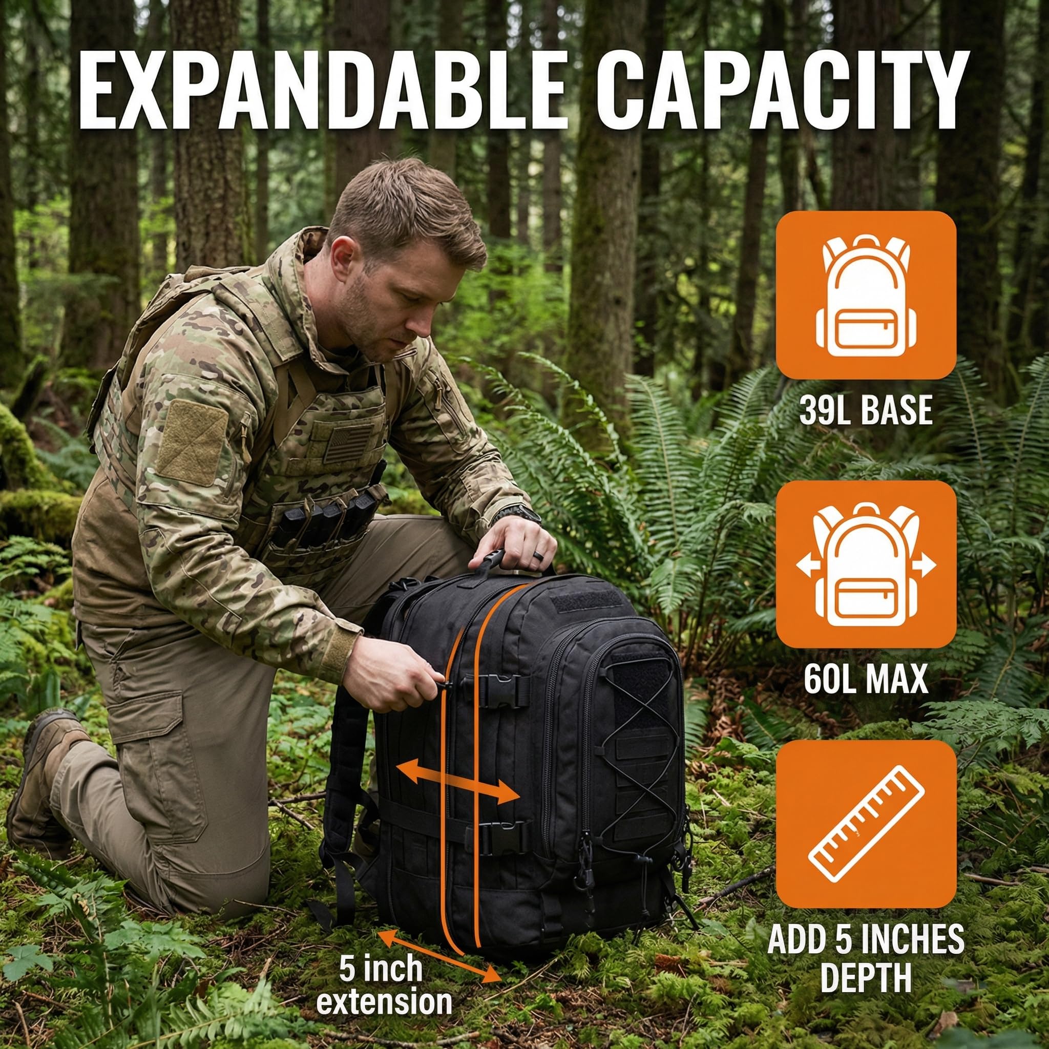 Großer Militär-Rucksack, 3 Tage, erweiterbarer Rucksack, Armee-Tagesrucksack für Outdoor, Wandern, Jagd