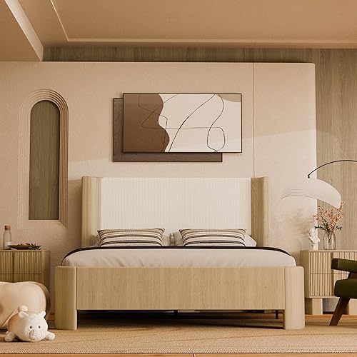 Upholstered Bed Frame with Wingback Headboard, Upgraded Platform Bed with Integrated LED Lighting, 12-Point Support Base, Simplified Assembly, PU Leather, Light Oak, King