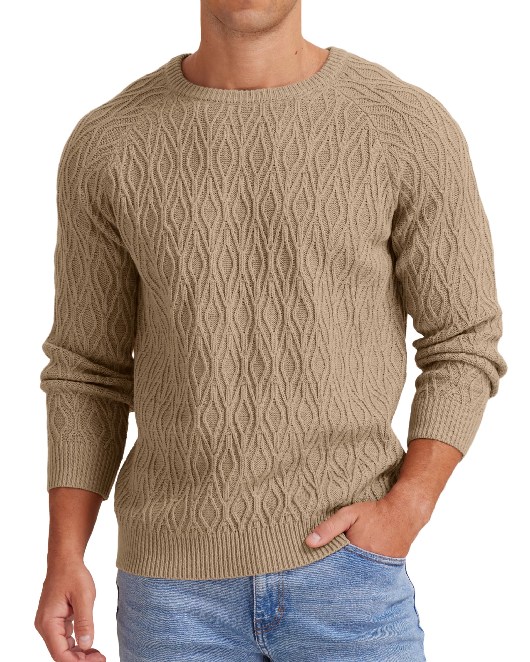 Men's Cable Knit Sweater Casual Crewneck Long-Sleeve Knitted Pullover