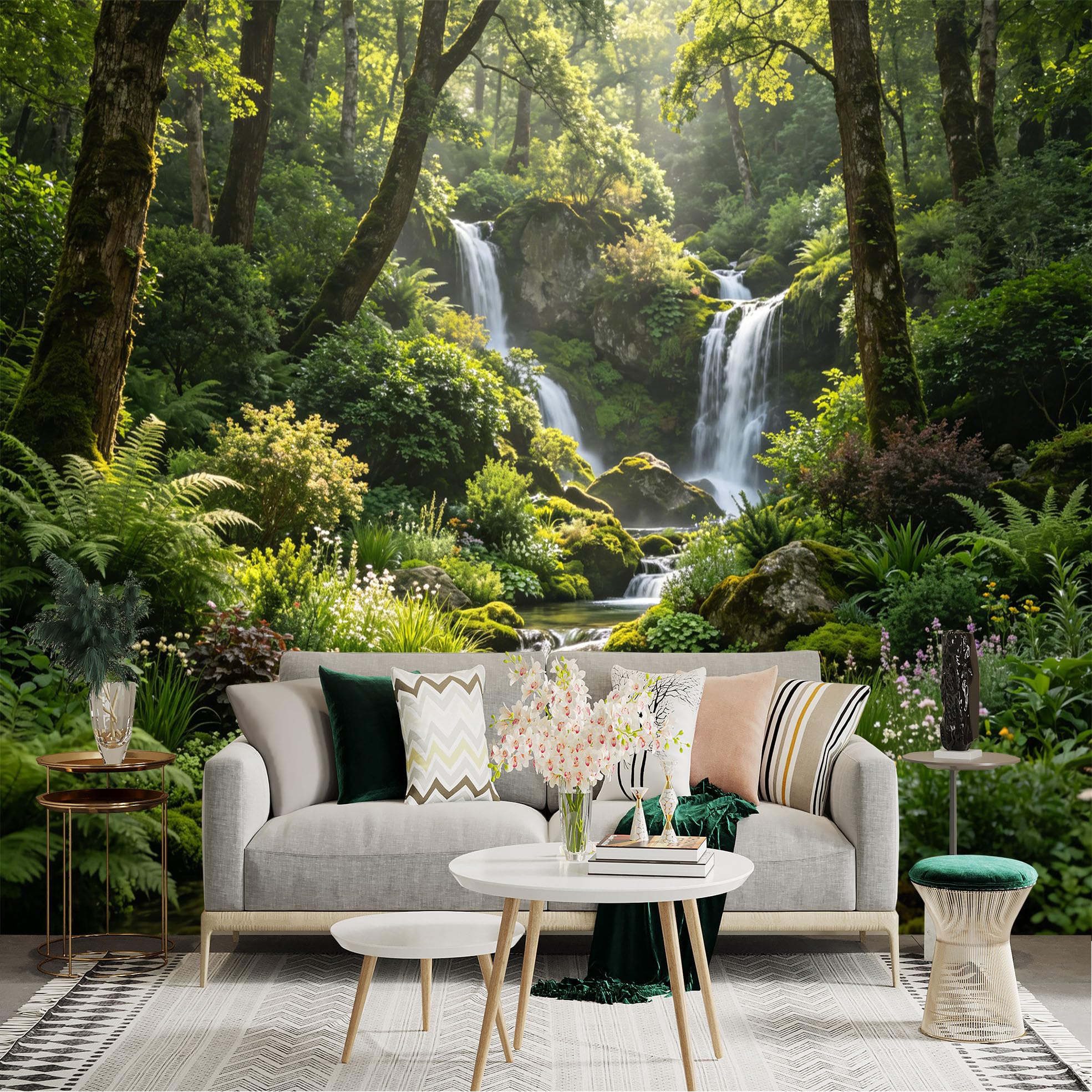 Lnzczhyre Dbh260521184 Custom Size Wall Sticker Mural， Enchanted Lush Green Forest， Cascading Mountain Waterfalls， Tranquil River Stream， Vibrant Botanical Foliage， For Wall Decoration， Peelandstick Wall Decals.