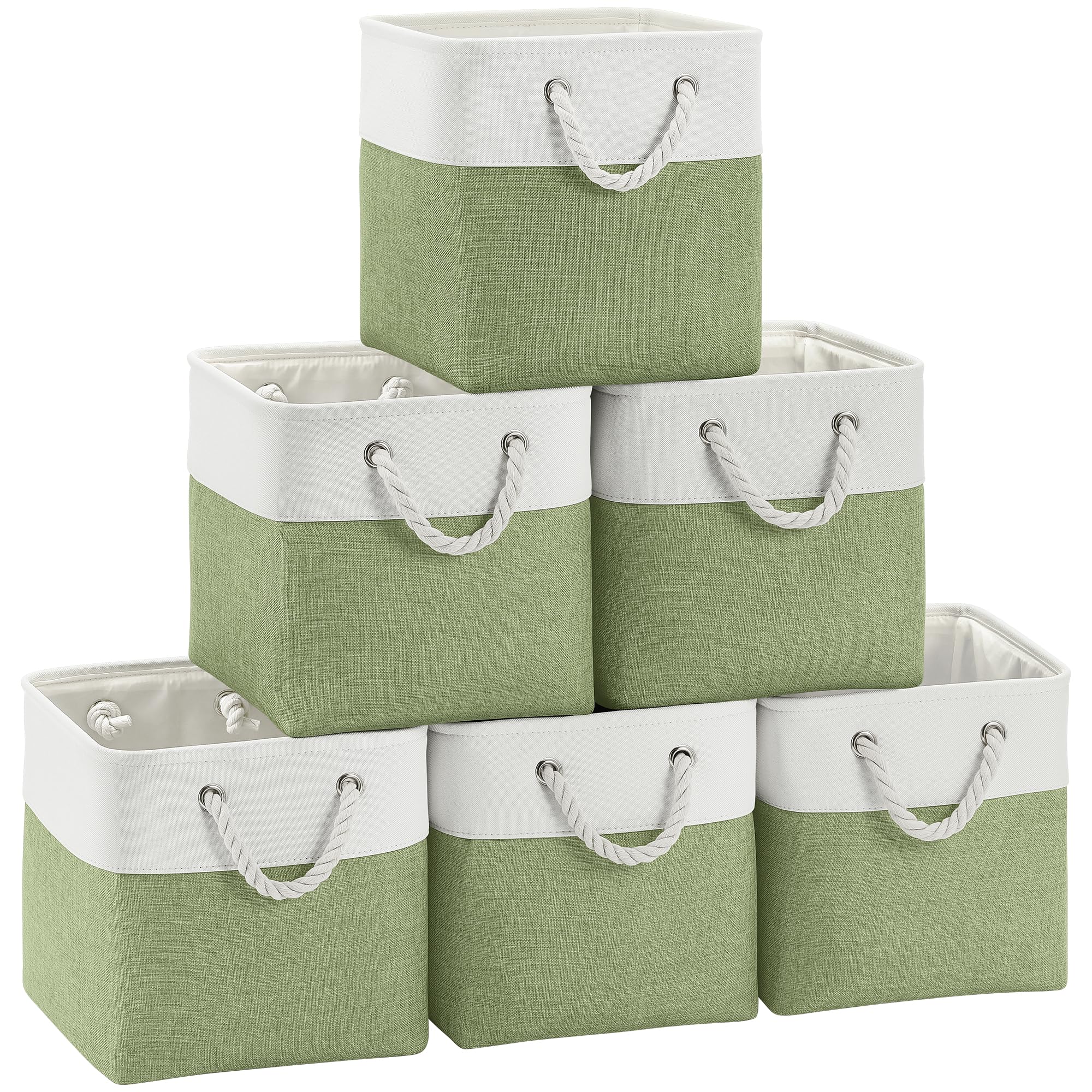 FinishingBo Cestini portaoggetti cubici in tessuto, confezione da 6, 28 x 28 cm, con manici, pieghevoli, per mensole, casa, ufficio, asilo nido ( bianco/verde