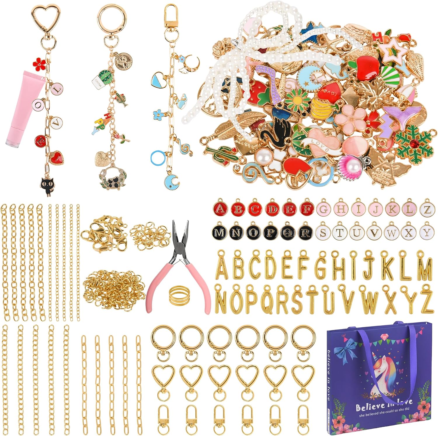 319Pcs Lip Gloss Keychain Making Kit, Including 18 Keychain Clips, 20 Extender Chain, 117 Charms, 150 Jump Ring, 1 Jewelry Plier, Bag Charm Kit, Key Chains Making Supplies for DIY Crafting and Jewelry