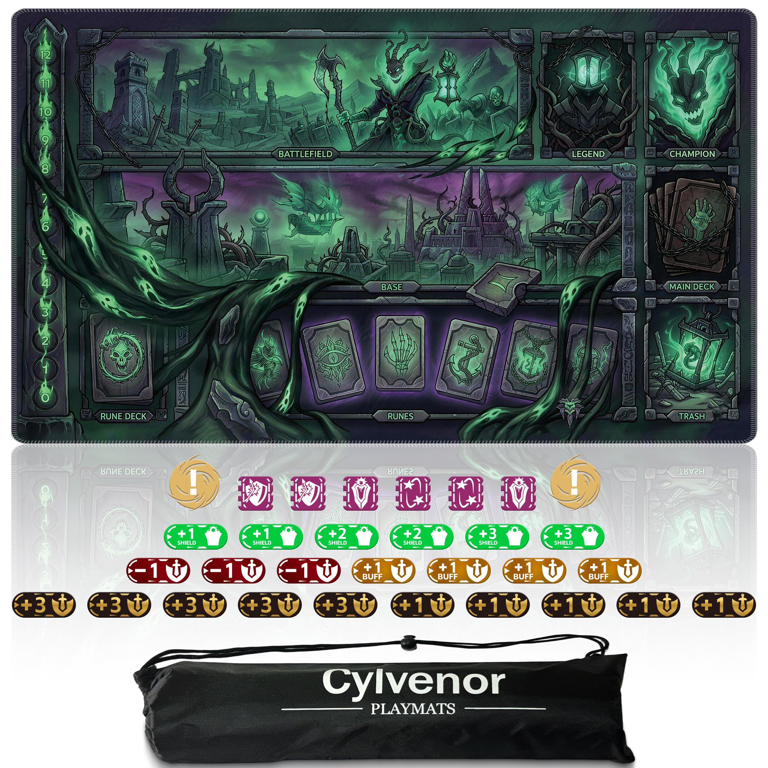 Cylvenor Playmat for Riftbound Board Game (24x14 Inches) - TCG Card Game Mat with 31 Tracking Tokens, Waterproof Oxford Bag & Non-Slip Rubber Strategic Zones (Blight Rift)