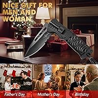 Vista 9 de XIPHIAS Cuchillo plegable de supervivencia - Multiherramienta de acero inoxidable con luz LED, iniciador de fuego, silbato y paracord, clip