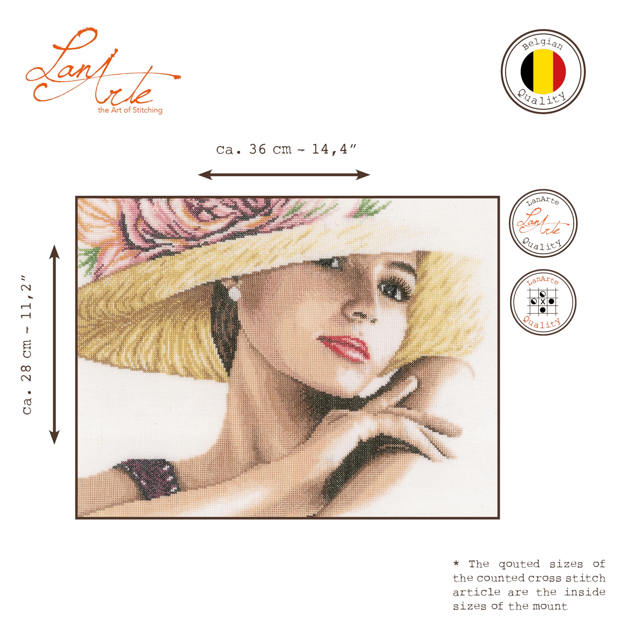 Lanarte Kreuzstich Stickpackungen Gezählter Kreuzstichbilder Set DAME MIT HUT Wanddekoration Handarbeit Set für Erwachsene 36 x 28 cm DIY Deko Bastelset Handwerker Kreative Geschenkset