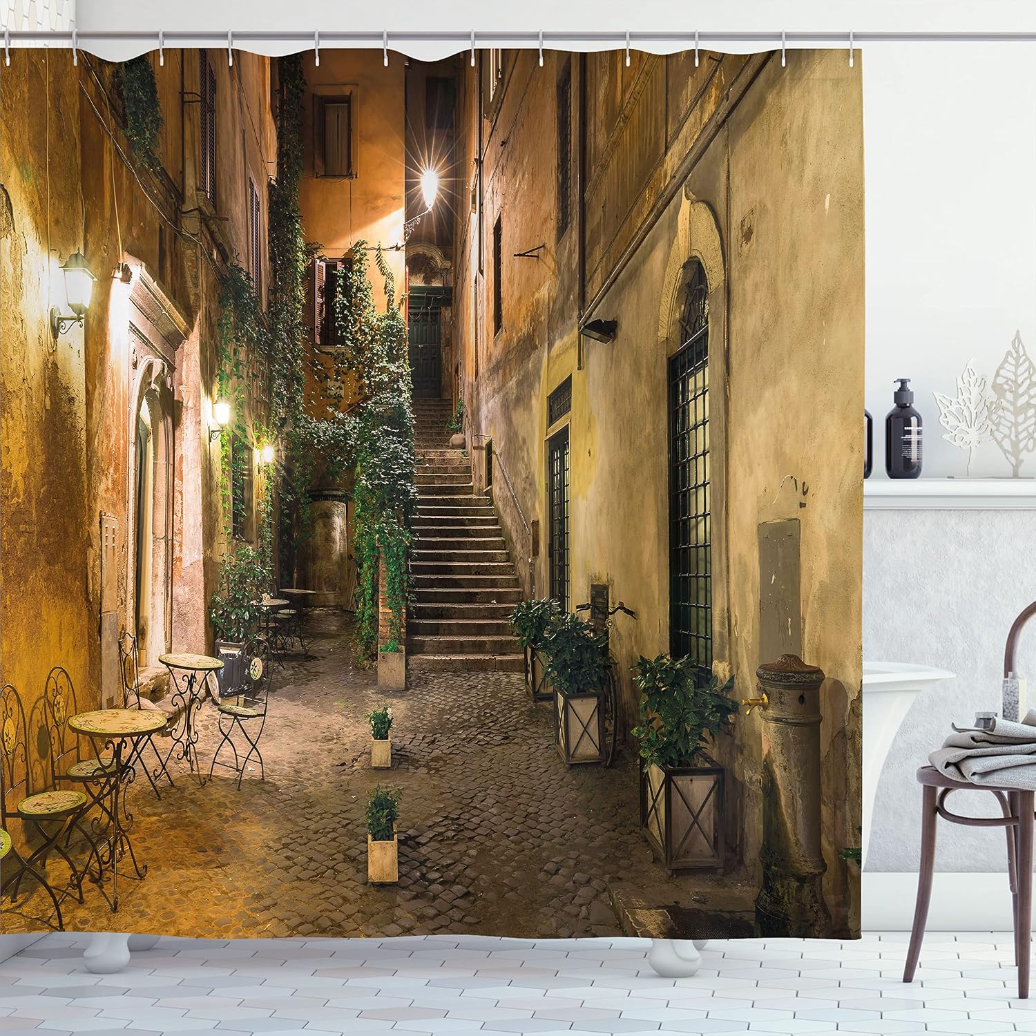 Ambesonne Italian Shower Curtain, Old Courtyard Rome Italy Cafe Chairs City Historic Houses in Street, Cloth Fabric Bathroom Decor Set with Hooks, 69" W x 84" L, Pale Yellow Green Orange