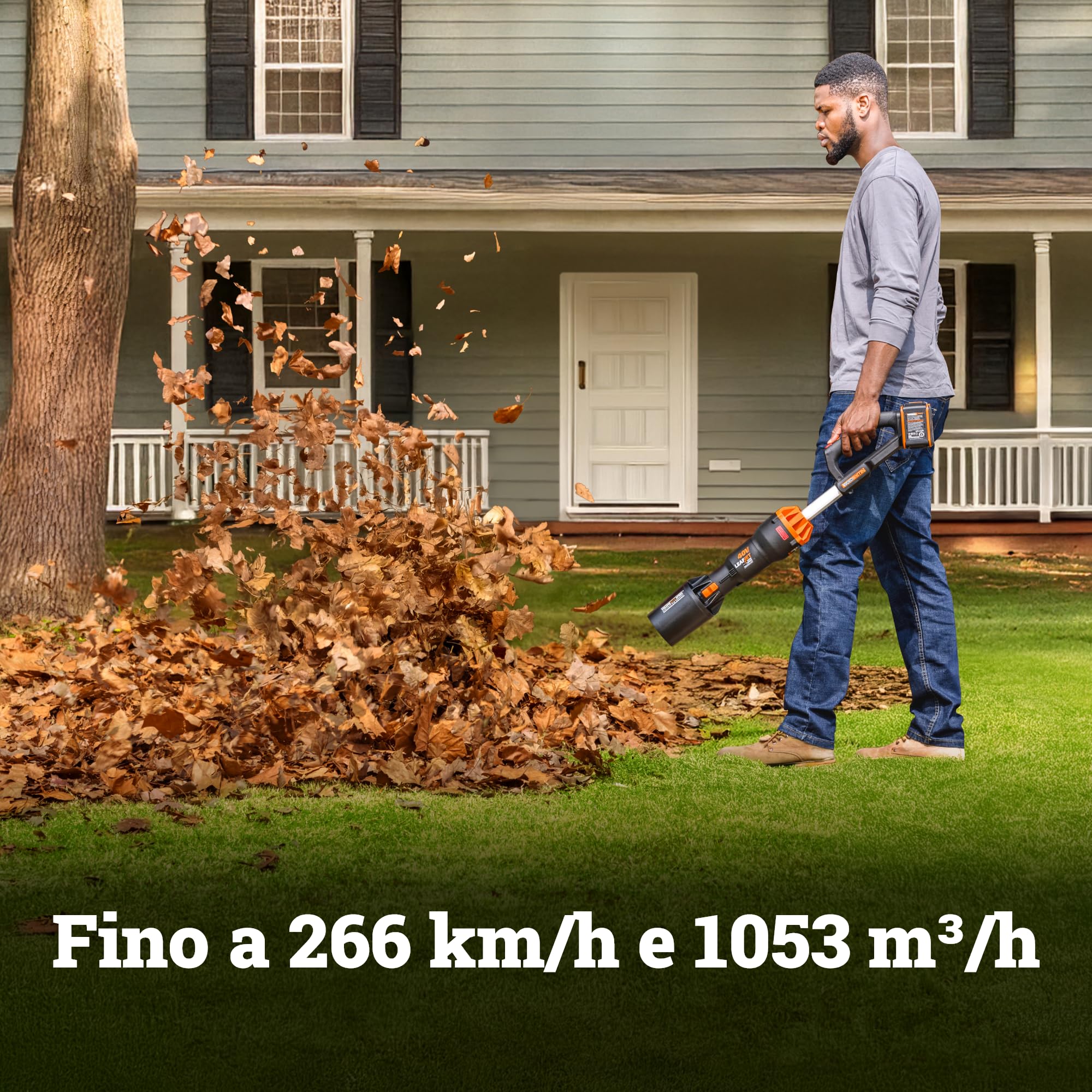 WORX Nitro WG585E.9 soffiatore a batteria da 40 V (2 x 20 V), motore brushless, tre velocità e modalità turbo, velocità dell'aria 266 km/h, leggero e compatto, senza batteria e caricatore
