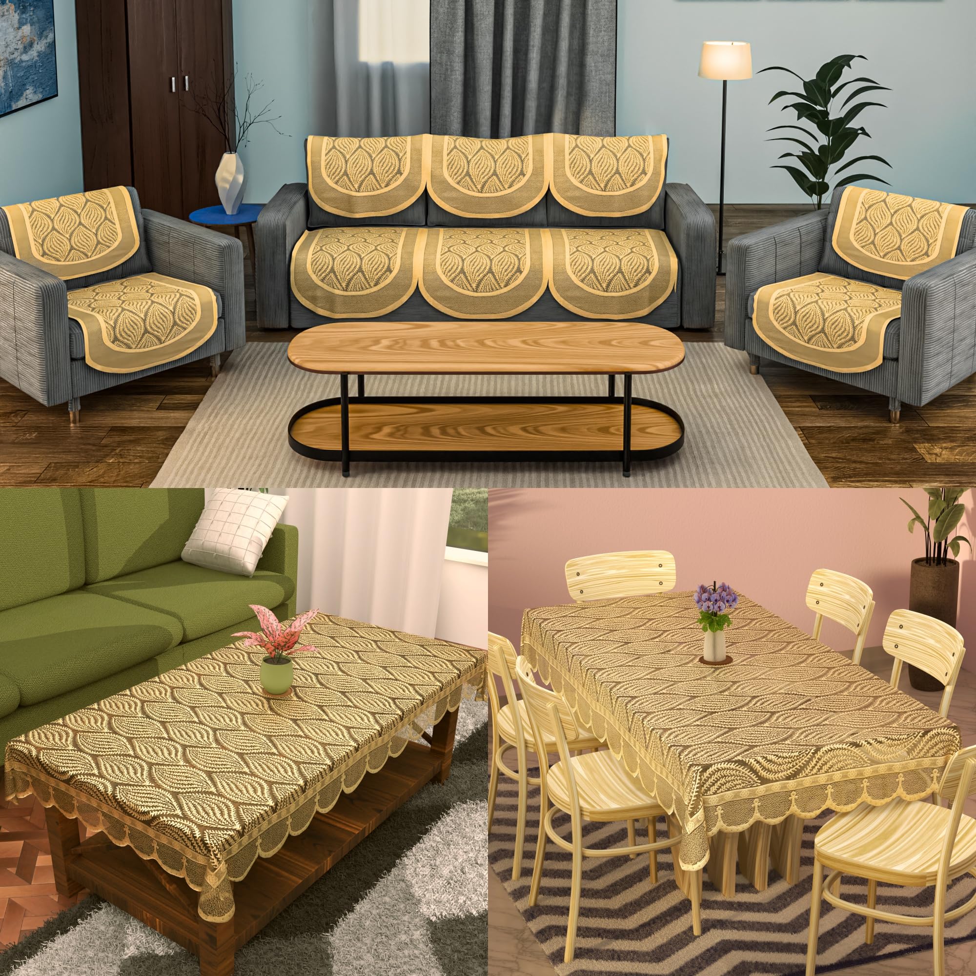Kuber Industries Sofa, Center & Dining Table Cover Combo | Durable Sofa Set Cover/Protector for Home & Living Room | Aesthetic Protecting Sheets for Furniture | Coconut Bright- Golden
