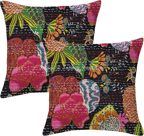 Juego de 2 fundas de almohada de algodón negro de 16 x 16 pulgadas para decoración del hogar Kantha bordada Tropicana - 2 unidades