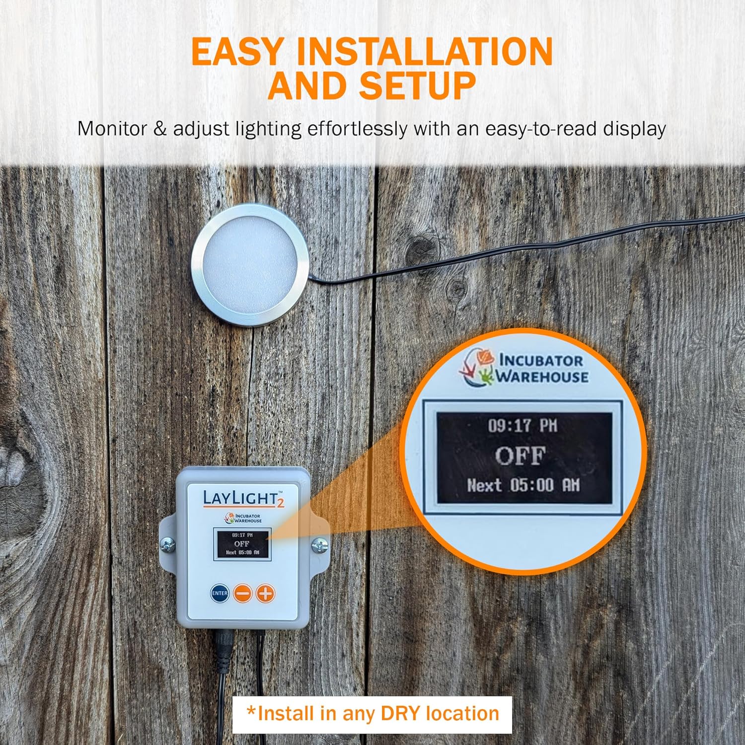 Incubator Warehouse AutoCoop LayLight2 with Smart Timer - Automatic Chicken Coop LED Daylight Extender - Chicken Coop Light with Programmable Settings for Boosting Chicken Egg Production