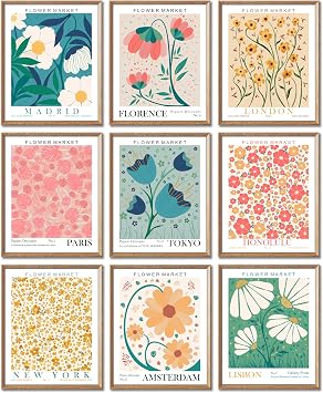 LANCHI95 9 Pcs Unframed Flower Market Wall Art - Preppy Room Decor 8x10