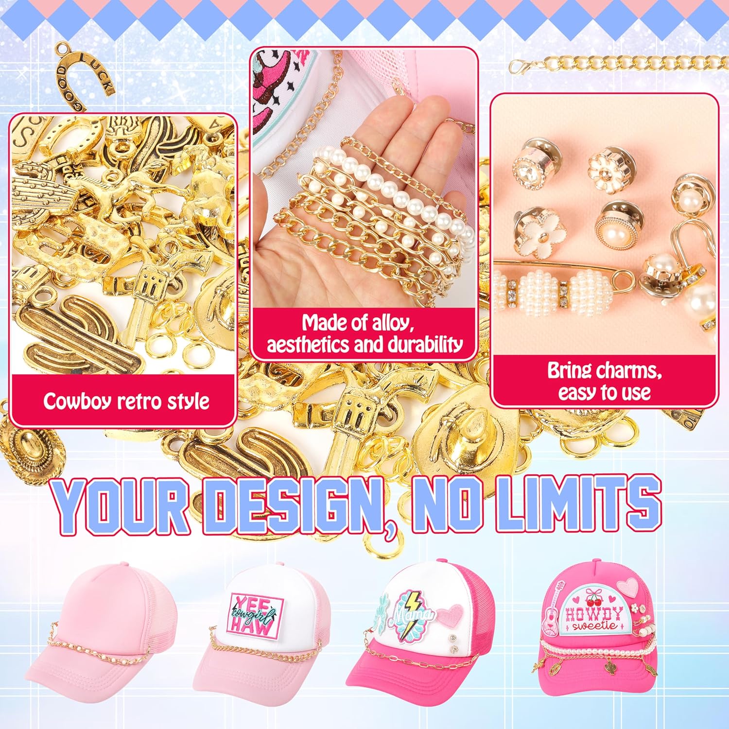 Meneng Cowgirl Hat Accessories Kit: 36PCS Western Trucket Hat Chains Bill Decoration for Women - Bling Metal Detachable Chains Bulk for Mesh Baseball Cap - Image 3