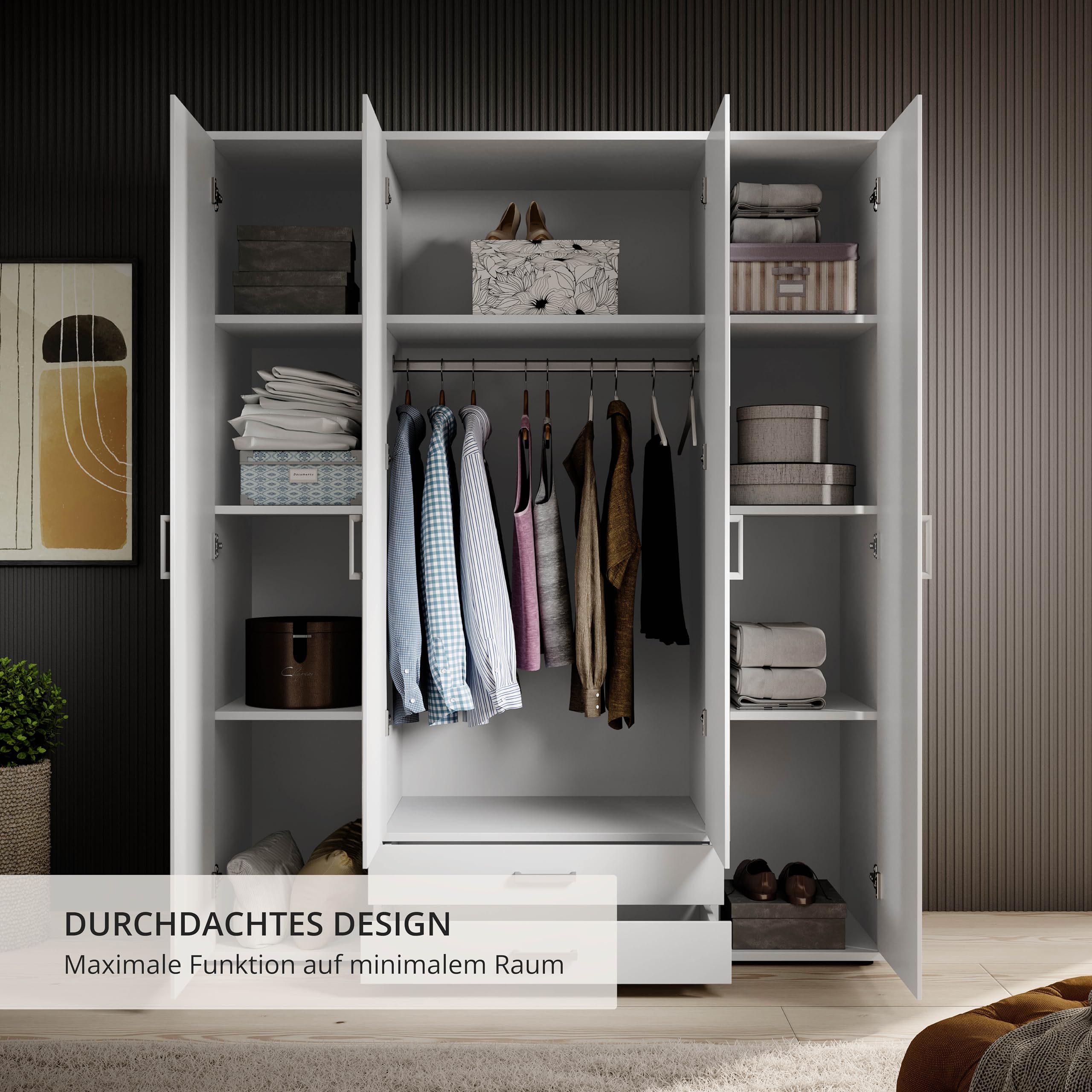 Stella Trading KARL Kleiderschrank 4-türig mit Spiegeltüren Schrank Weiß 160 x 196 x 54 cm – Bild 4